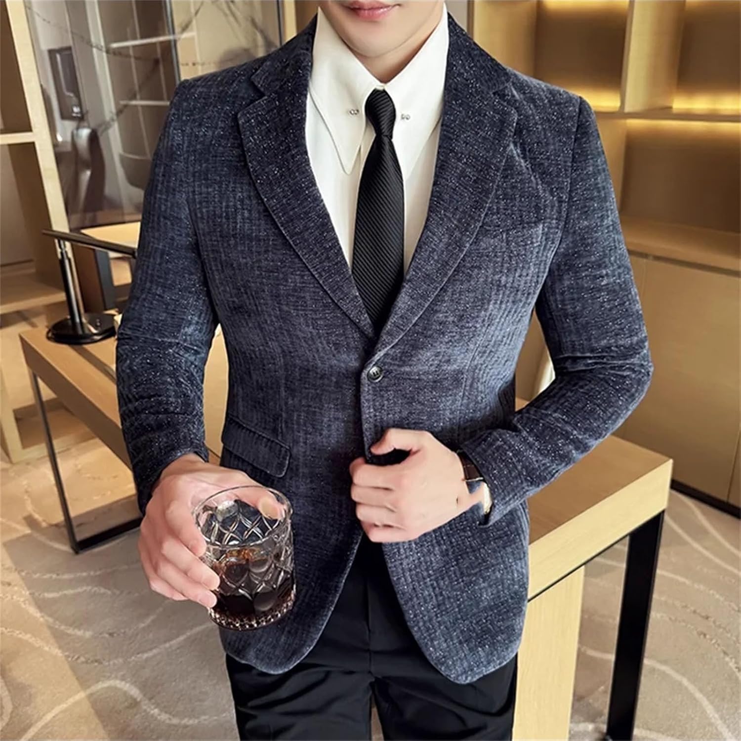 Mens Corduroy Fashion Business Casual Suit Jacket Solid Color Korean Slim Fit Social Wedding Blazers
