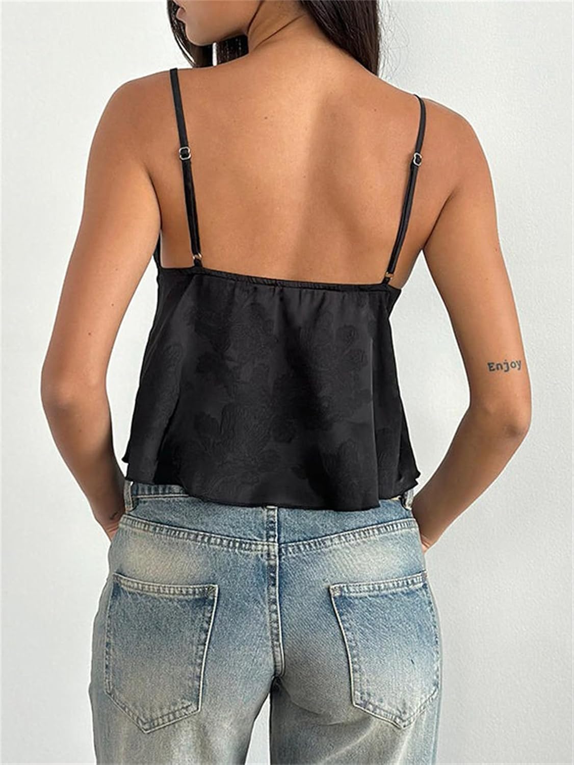 Women Cute Satin Jacquard Camisole Fairycore Embroidery Floral Spaghetti Strap V Neck Flowy Mini Cami Top Going Out Top - Image 3