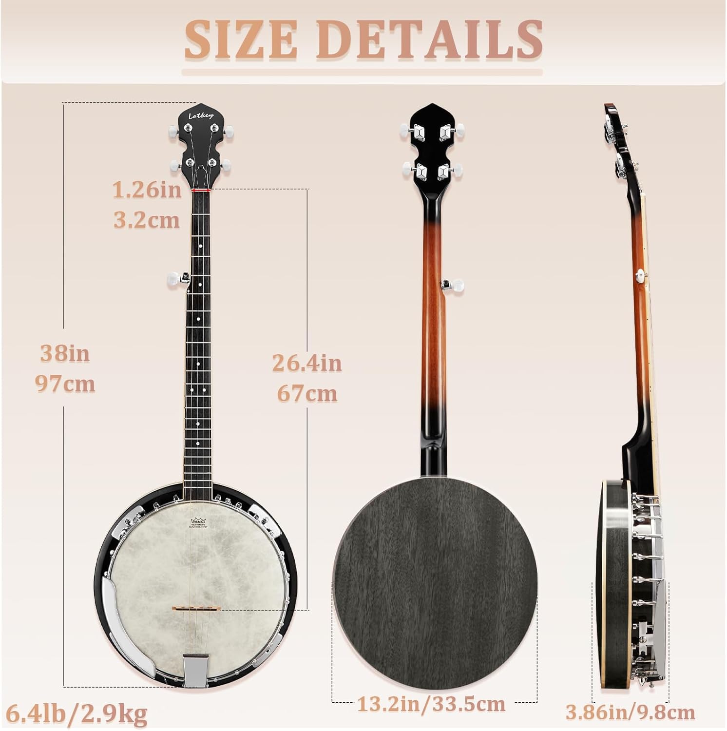 Lotkey 38-Inch 5 String Banjo, Remo Drum Head Full Size Banjos, Resonator and Open-Back Dual Styles with Beginner's Manual, Banjo Strings, Bridge, Tuner, Finger Picks, Strap for Adults, Professional