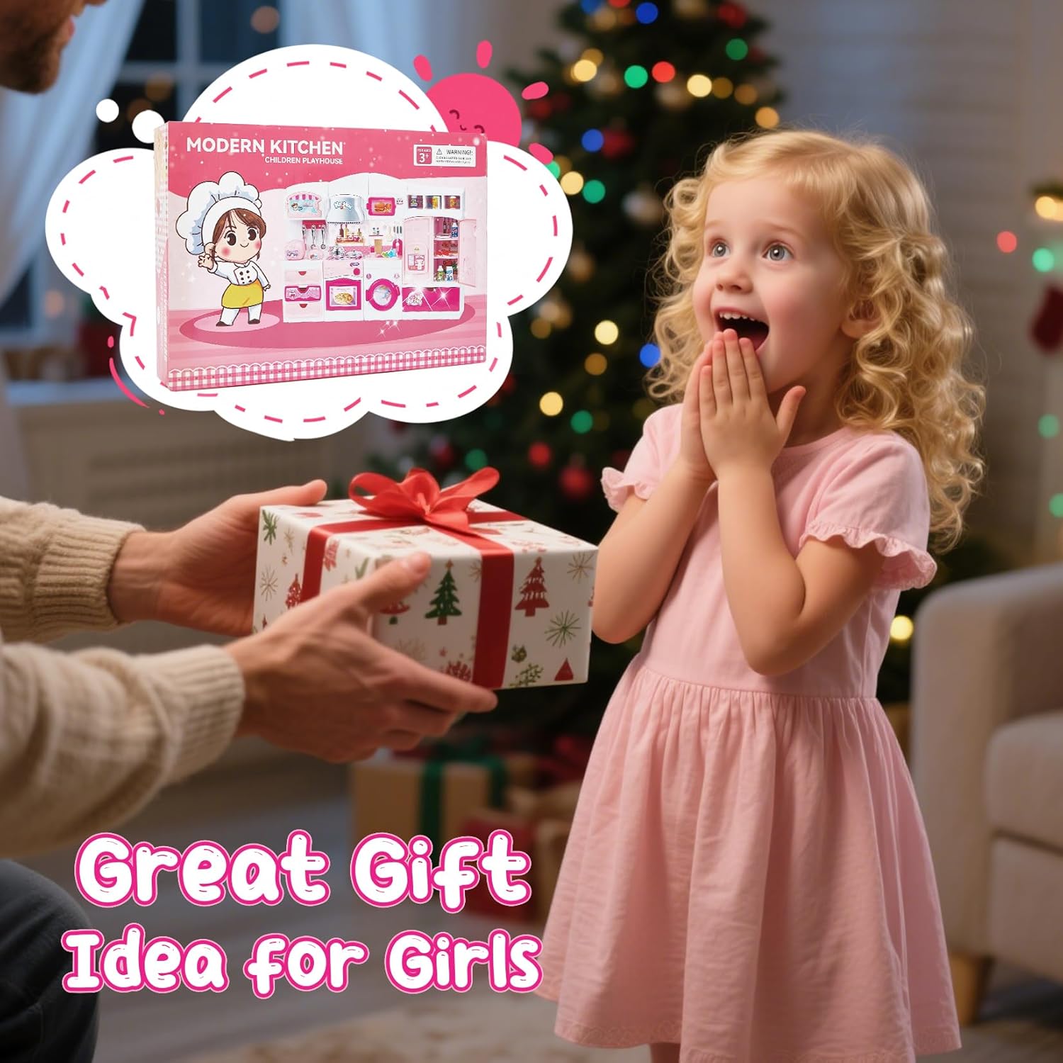 Kitchen Playset for Girls, Pretend Play Kitchen Toy for Dolls with Lights Sounds & Accessories, Gifts for 3 4 5 6 Year Old Toddlers