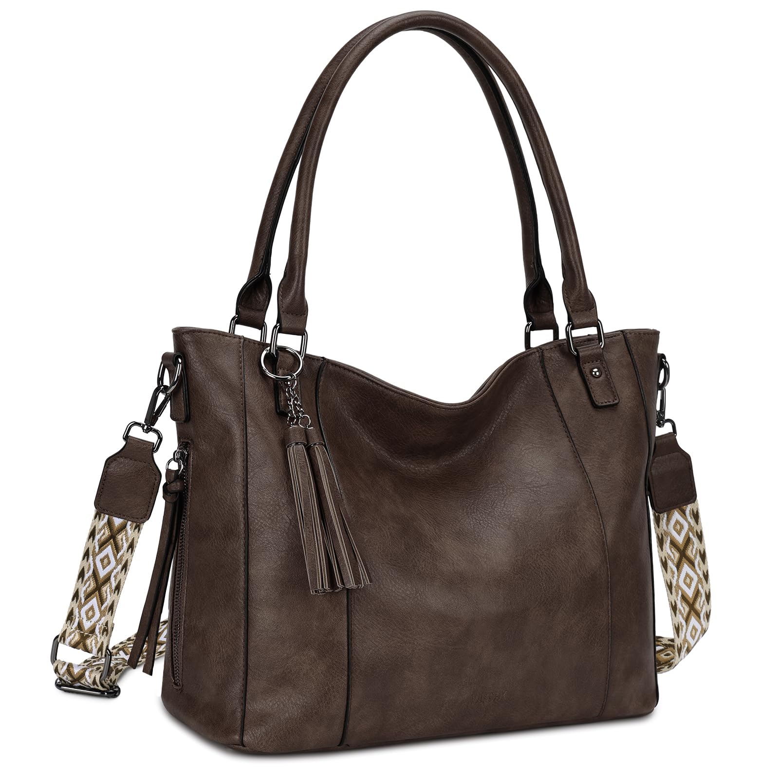 VASCHY Handtasche Damen, Leder Umhängetasche Groß Schultertasche Shopper Hobo Tasche Tote Bag mit Abnehmbarem Gitarrengurt