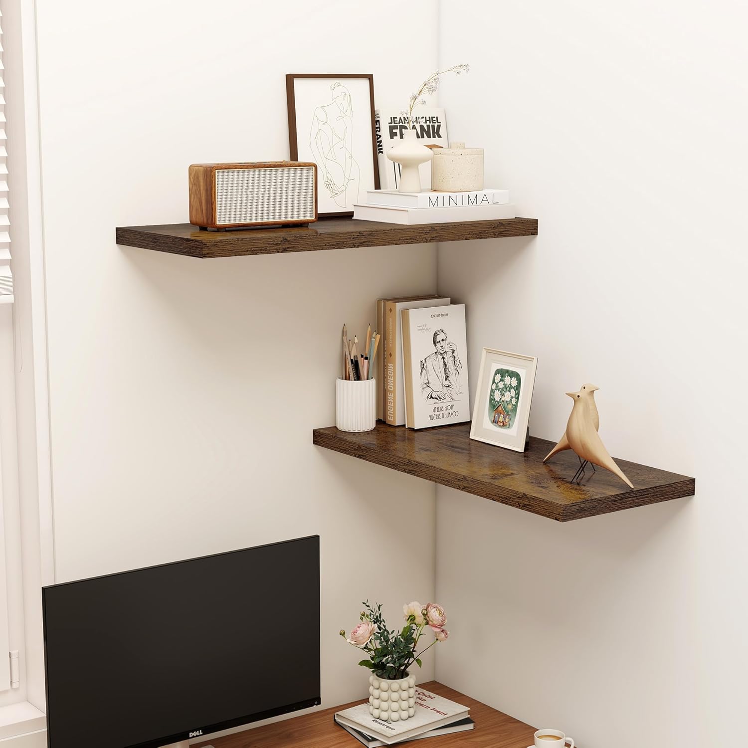 dreamland 32" floating shelves for wall, 12" deep slim rustic brown floating shelves, wall-mounted shelves for bedroom, living room, kitchen, bathroom - set of 2 rustic brown 32"w x 12"d x 1.3"h, set of 2