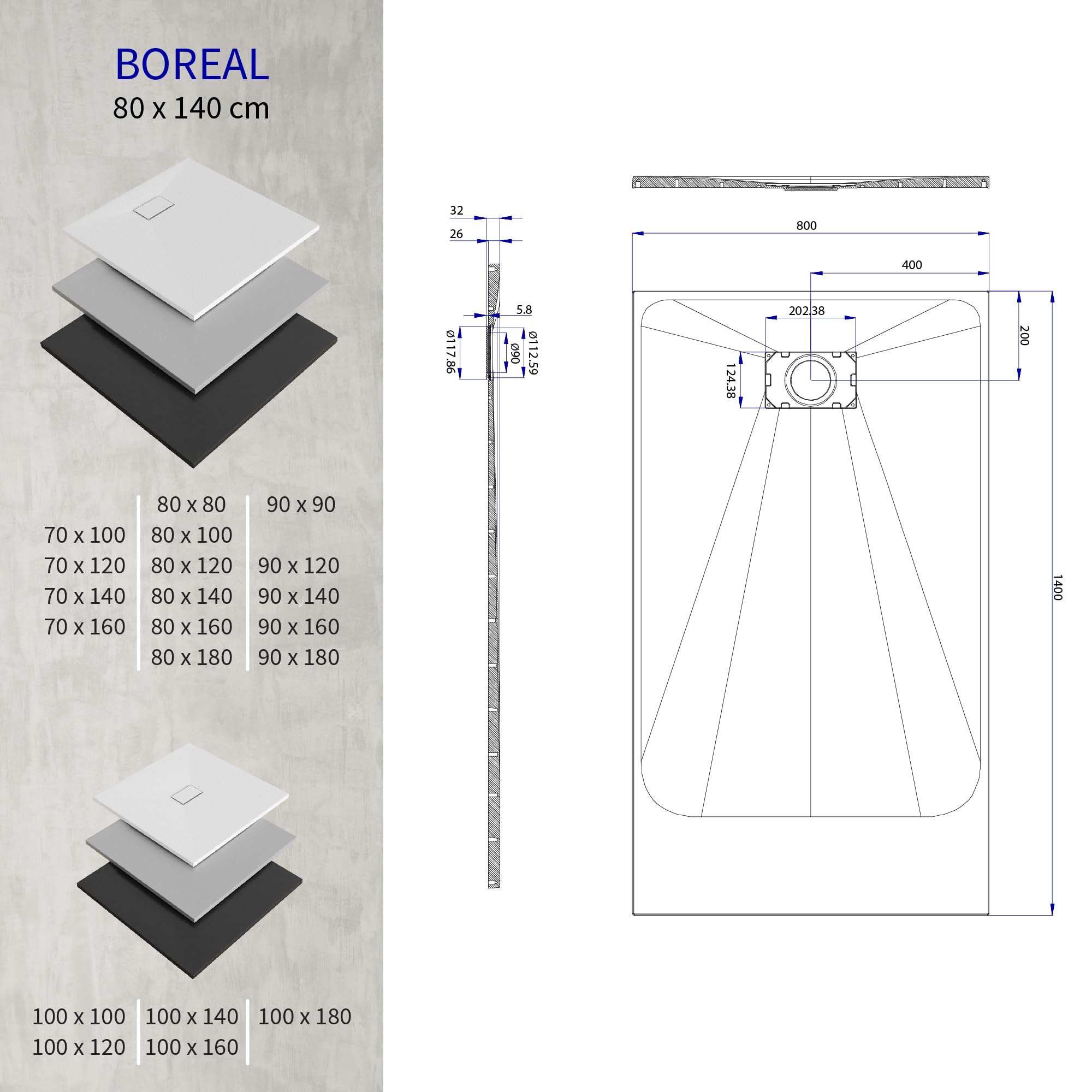 Plato de ducha SMC Boreal 140x80 cm, Blanco RAL 9016 – Antiderrapante, Textura Pizarra, Antibacteriano, Resistente a agentes químicos – Incluye válvula y rejilla