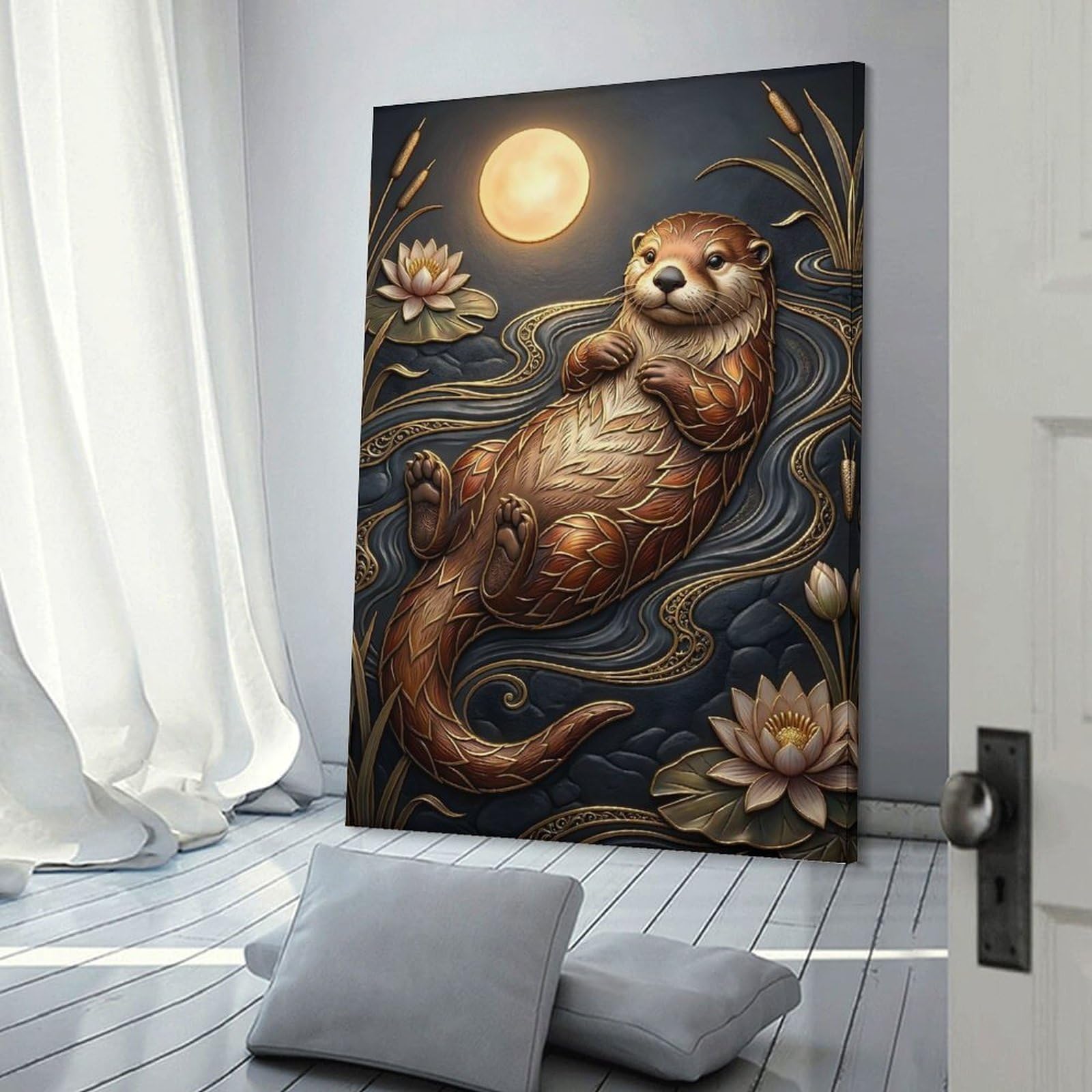 Junmoney Otter in A Moonlit Pond Room Decor Wall Art 24x36inch(60x90cm), for Living Room, Bedroom, Office Or Hallway, An Adaptable Decor Piece for Home Use