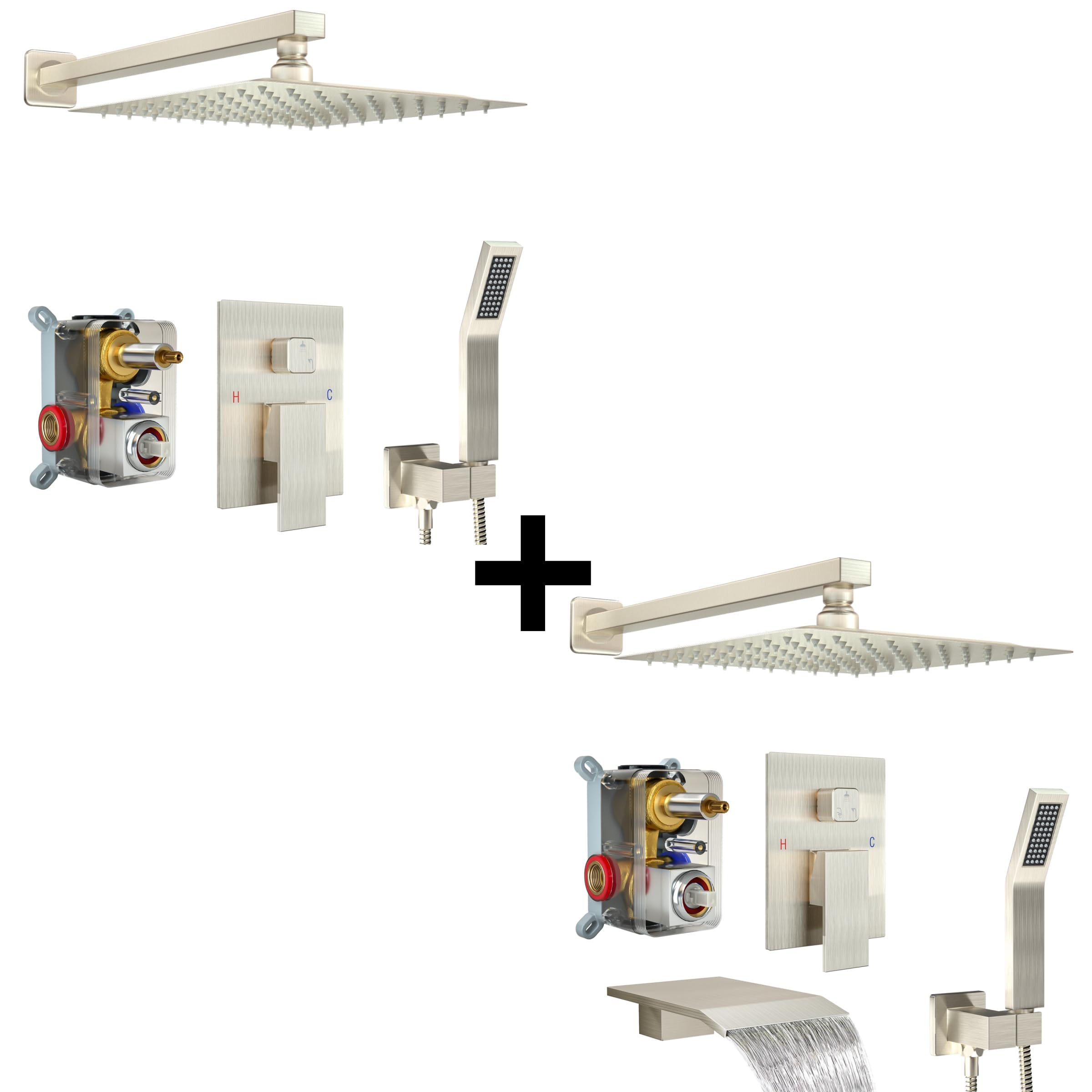 Fatspas 12 Inch Shower System with Tub Spout & 12 Inch Shower Faucet Set, Brushed Nickel