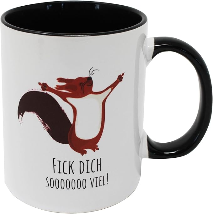 Close Up Fick Dich Soooo viel Tasse mit lustigem Eichhörnchen, Kaffeebecher aus Keramik mit Print und schwarzem Henkel für Morgenmuffel, Spaßvögel, Grummler und Muffelköpfe