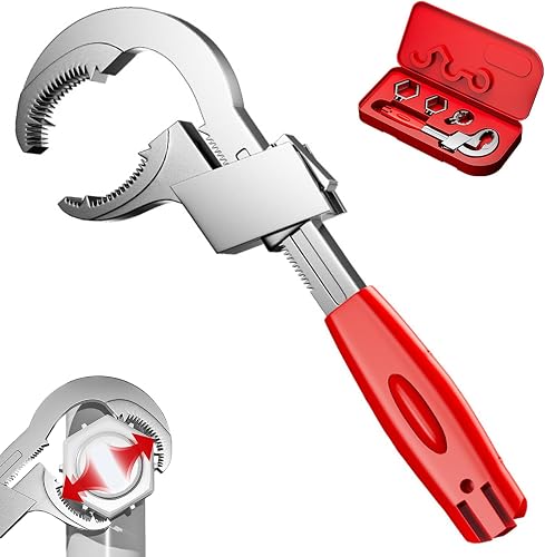 Self Adjusting Wrench, Aluminium Alloy Self Adjusting Pipe Wrench with 80MM Wide Jaw Opening, Non Slip Teeth Spanner with 3 Sleeve Head and Box for Plumbing Automotive Industry, Pipe Vise