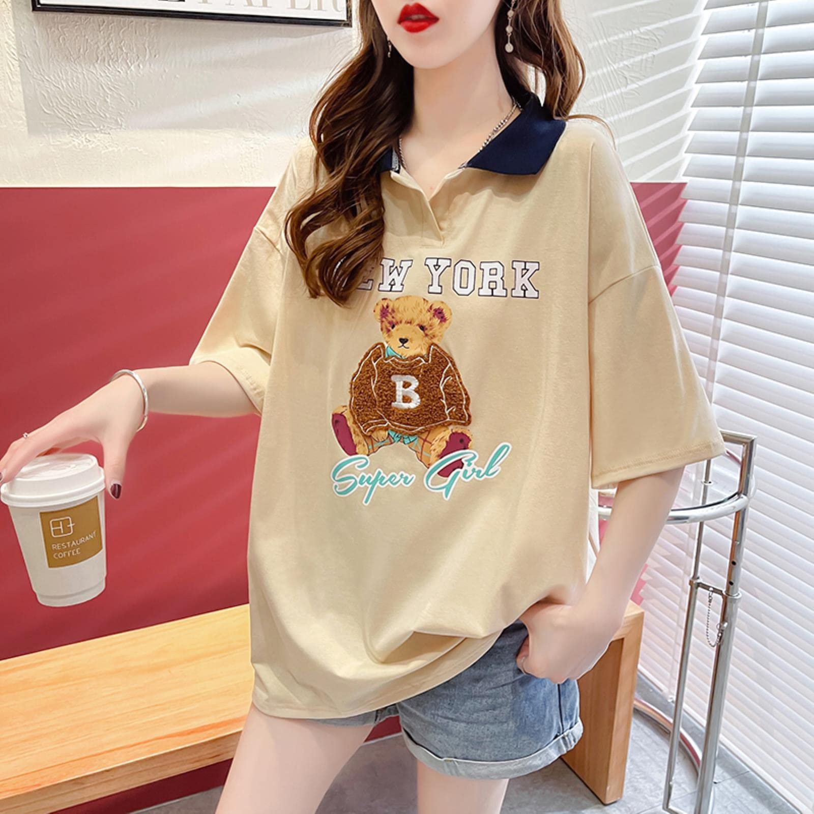 Donne T-Shirt T-Shirt Casual Basso Orso Pattern Teas Stampa Tees Sciolti-Pink,M