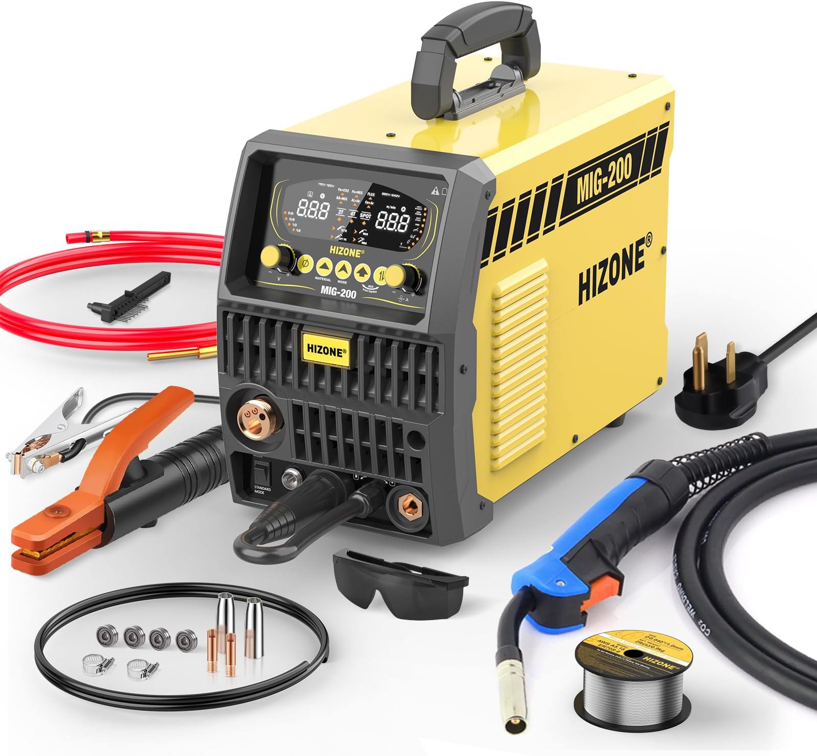 HIZONE 200A MIG Welder, 8 in 1 Aluminum/Copper/Gas MIG/Gasless Flux Core MIG/Stick/Lift TIG/Spot Welding/Spool Gun Compatible Welding Machine, Large LED Display, 120V/240V Multi Process Welder