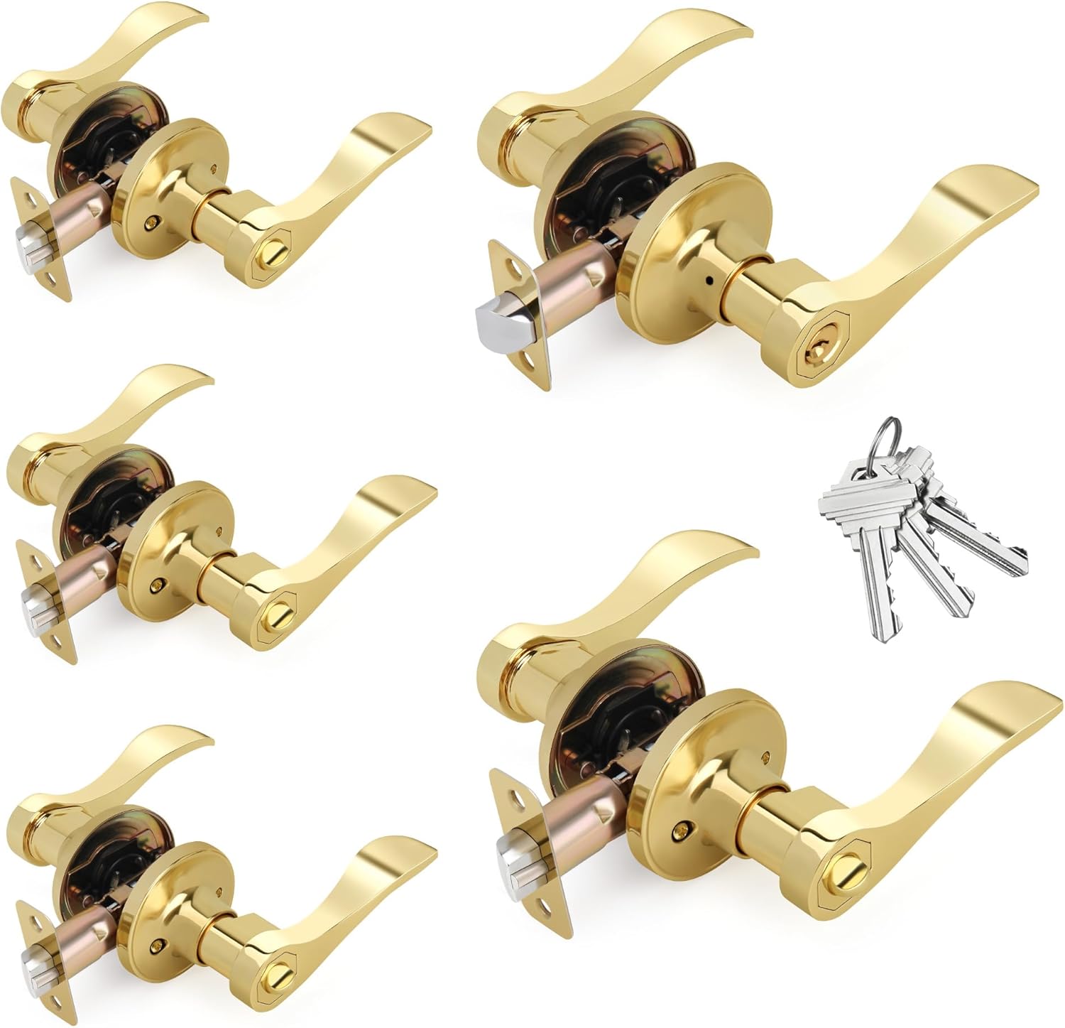 Gold Wave Style Door Handles with Lock (Keyed Alike), Polished Gold Keyed Entry Door Handle Interior, Reversible Door Lever for Bedroom and Bathroom, Polished Brass,5 Pack
