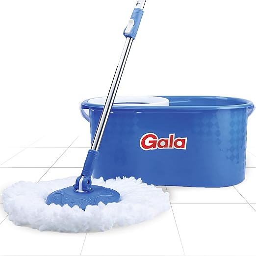 Gala Aqua Spin Mop with 4 Wheels & Big Bucket with 2 Microfiber Refills, Floor Cleaning Mop with Bucket, pocha for Floor Cleaning, Mopping Set (White and Blue)