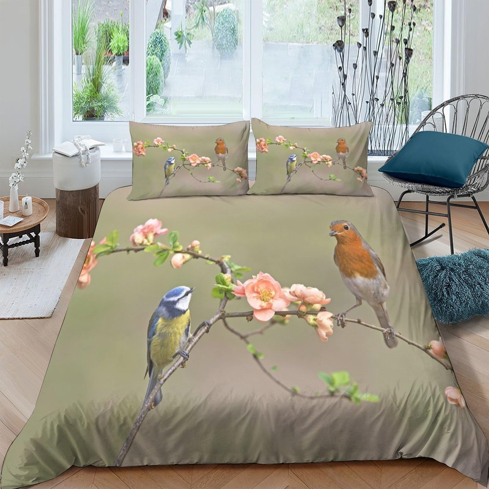 Ctjqhvkz Style-3 3D Printed Blossom Branch Fitted Sheet Microfiber Soft Green Bird Mattress Cover Anti-Slip Machine Washable Bedroom Decor Single（135X200cm）