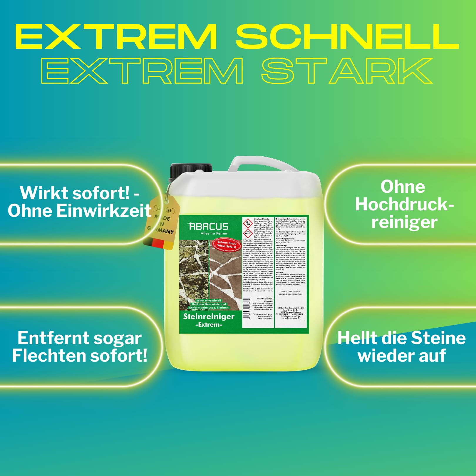 ABACUS® Steinreiniger Extrem, intensiver Steinreiniger für außen mit Sofortwirkung, entfernt sofort Schmutz, Grünbelag, Flechten & Algen in Minuten, Steinreiniger Intensiv außen 10 Liter