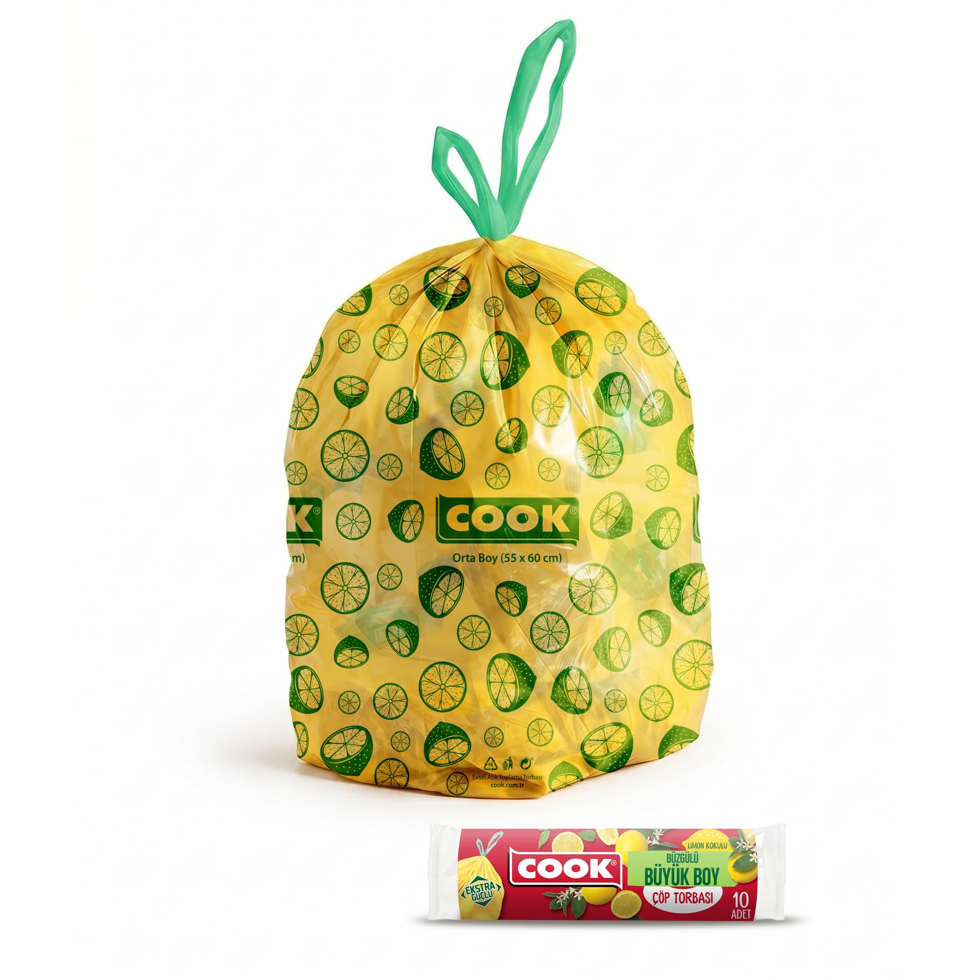 Cook Büzgülü Kokulu Çöp Torbası, Büyük Boy (Limon) 65 x 70 cm (10 Adet/Rulo)