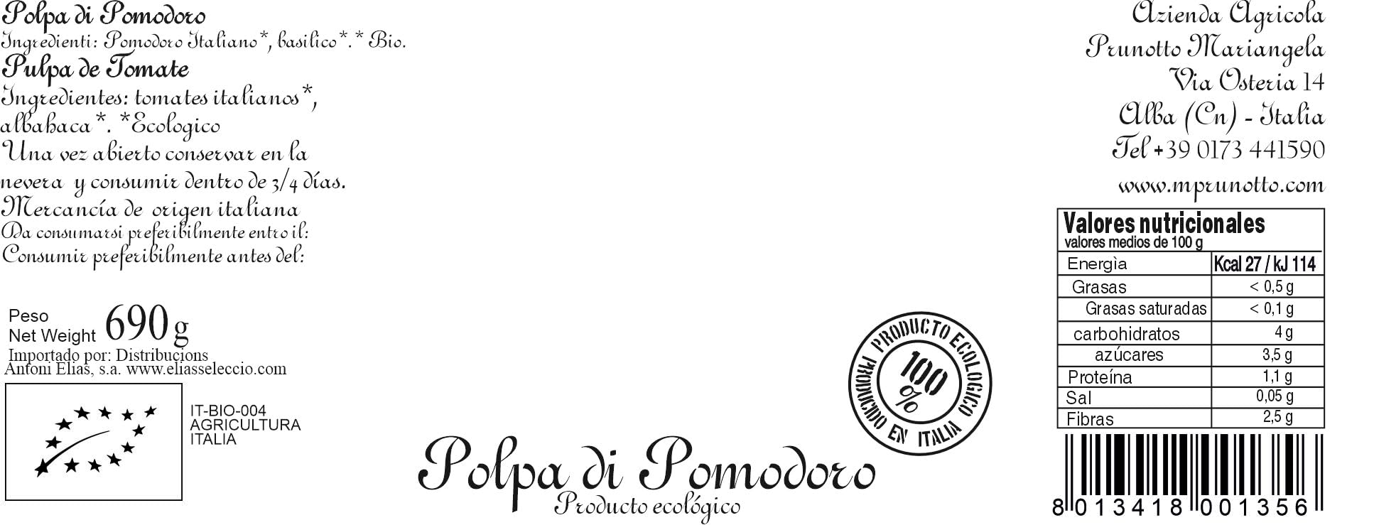 Azienda Agricola Prunotto Mariangela Polpa di Pomodoro Biologica, 6 bottiglie da 690g