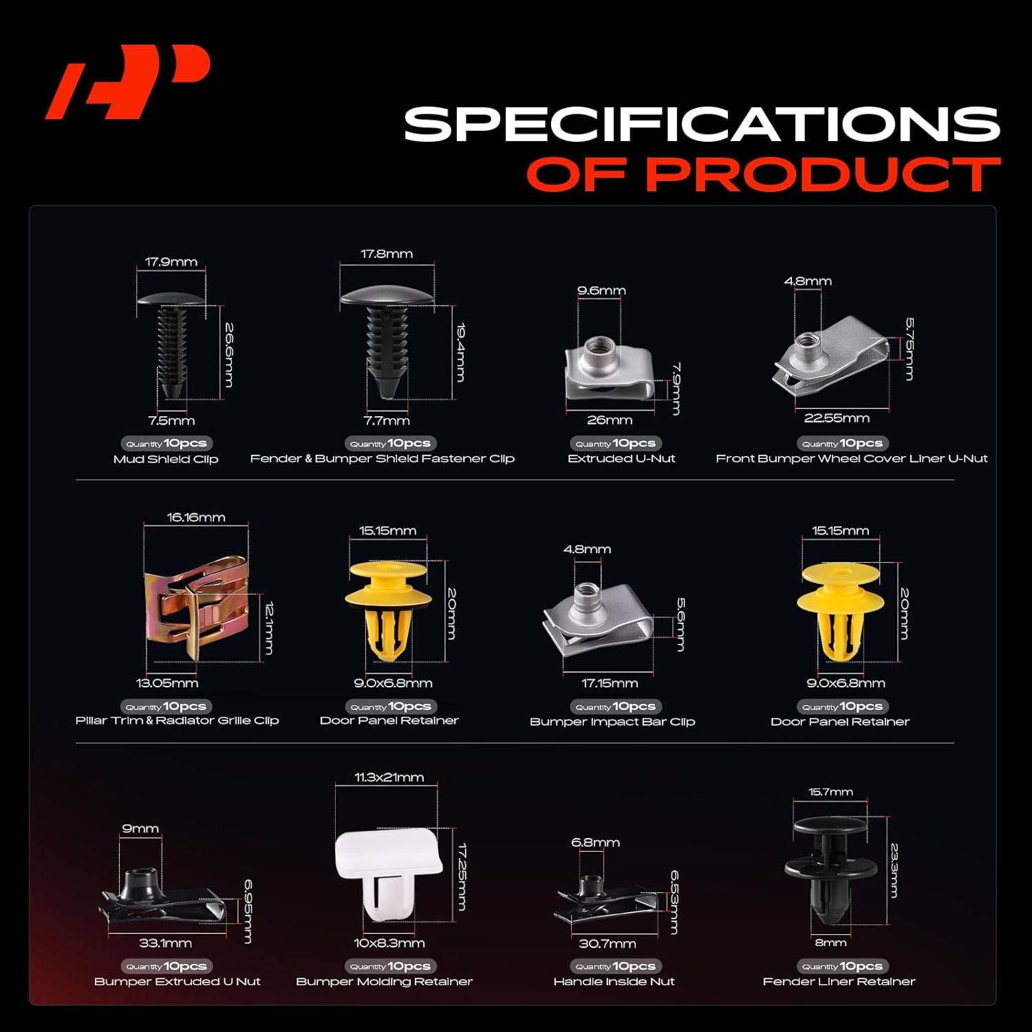 A-Premium 19 Sizes 44.32oz Bumper Fender Door Weatherstrip Retainer Clips Kit Compatible with Chevy Corvette 20-24 Liner Mud Car 190PCS Plastic Rivets Fasteners Push Retainer Kit, w/Removal Tool