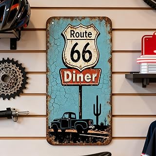 1PC Vintage Route 66 Diner Tin Sign -Retro Pickup Truck Cactus American Road Trip Wall Decor Kitchen Bar Home Decor Rustic Metal Art Plaque, Blue, 30X15cm