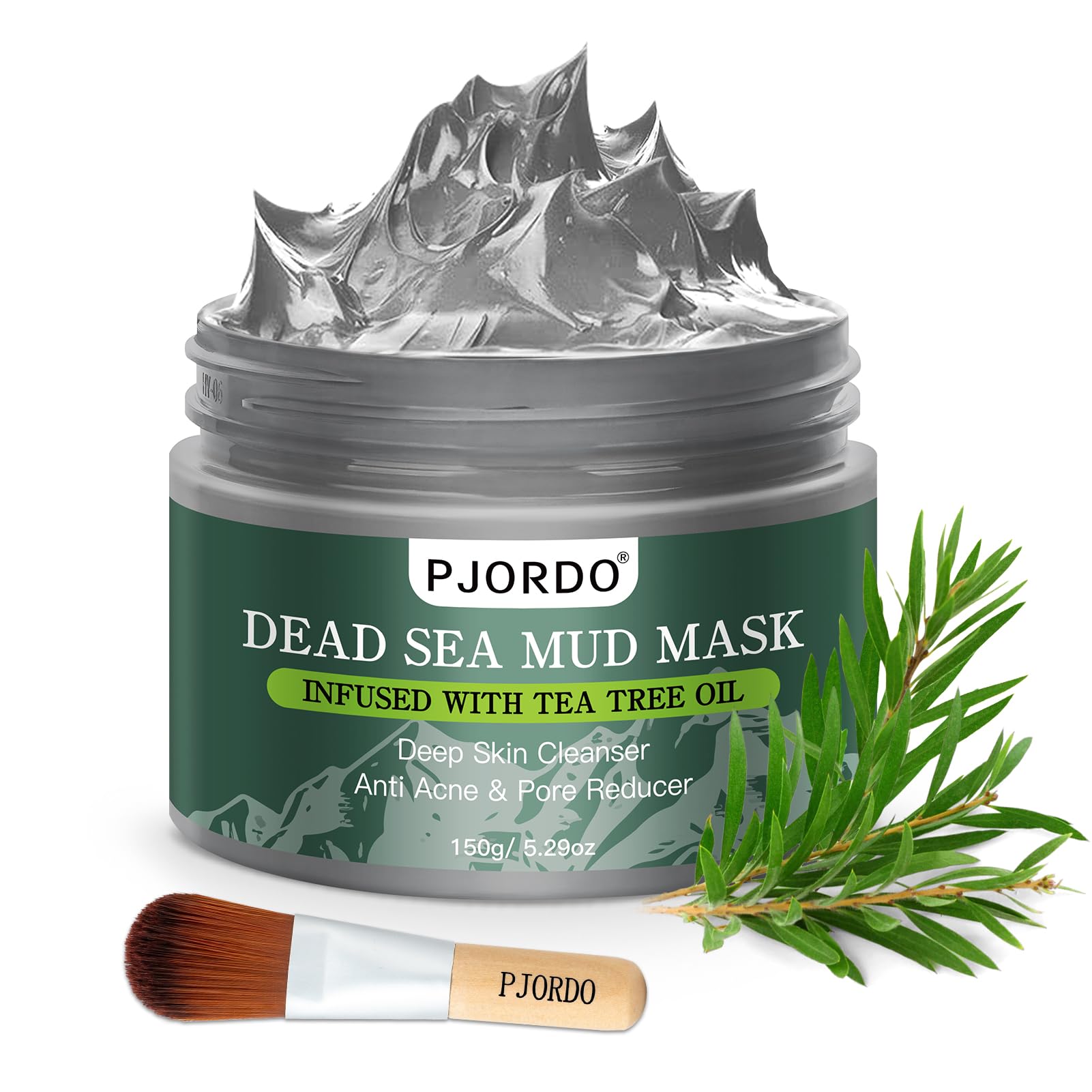 Pjordo Dead Sea Mud Mask with Tea Tree Oil for Face and Body, Deep Cleansing Facial Clay Mask for Acne, Blackheads, Minimize Pores, Moisturizing, Natural Skin Care for Women and Men, 5.29oz/150g