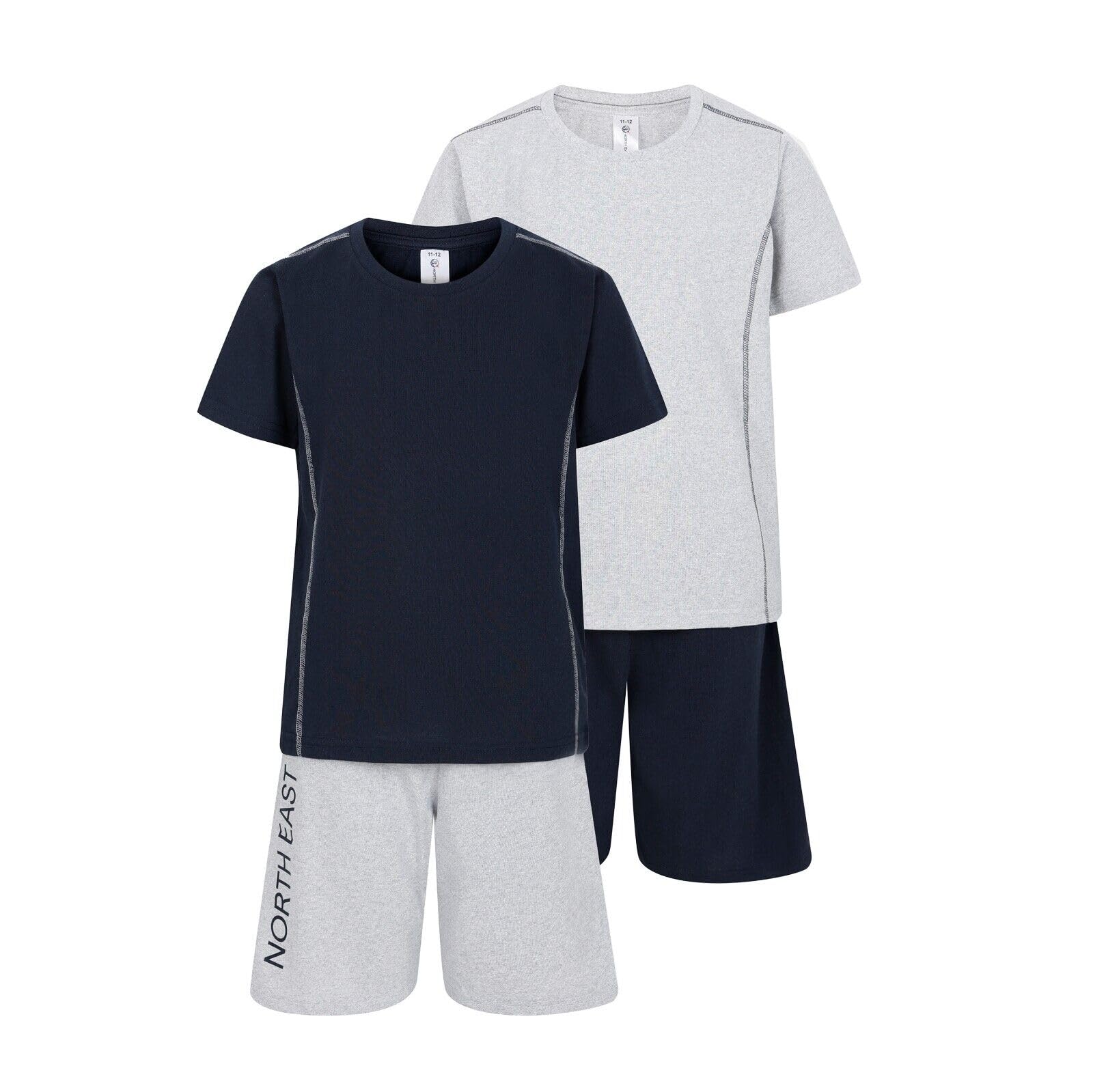 North East Boys 2 Pack Short Pyjamas Nightwear PJ Sets Twin Pack 9 to 16 Years (Gry/Nvy 9/10)