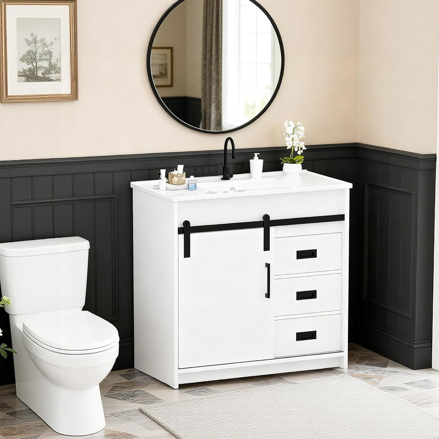 Betterhood 36 inch Bathroom Vanity with Ceramic Sink, Farmhouse Bathroom Sink Cabinet with Drawers and Sliding Door, Freestanding Bathroom Vanities with Metal Handles, White