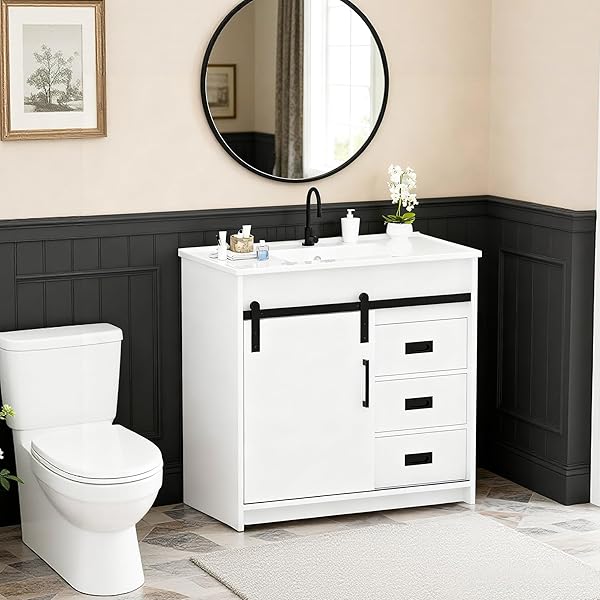 Betterhood 36 Inch Bathroom Vanity with Ceramic Sink, Farmhouse Bathroom Sink Cabinet with Drawers and Sliding Door, Freestanding Bathroom Vanities with Metal Handles, White