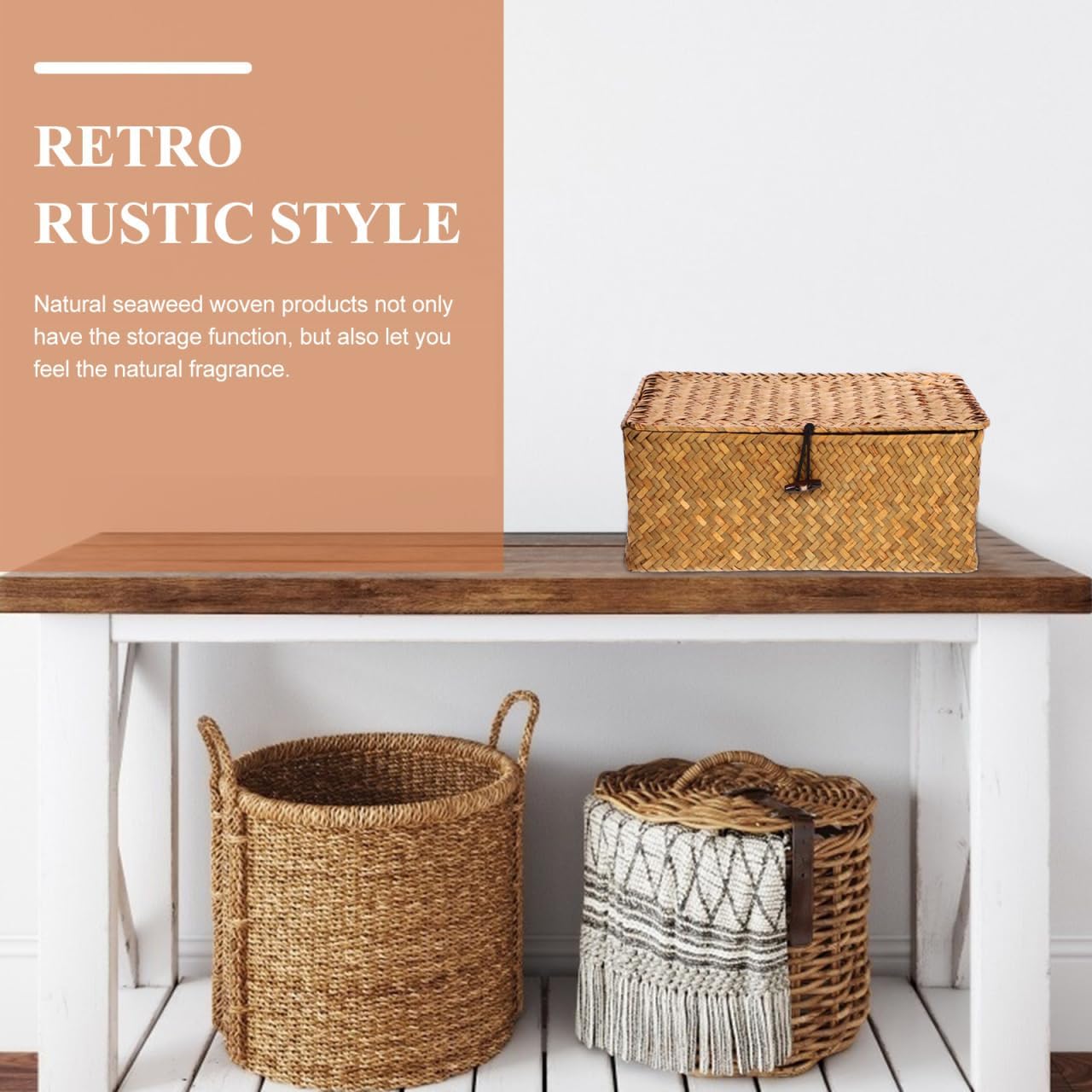 Hand Woven Seaweed Storage Basket Button Closure Decorative Straw Woven Basket Desktop Organization Debris Toys Clothes More