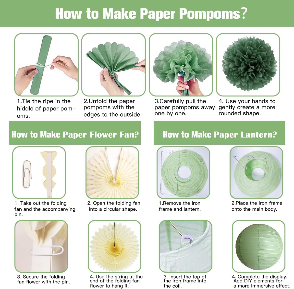 Boho Paper Decorations Set, Sage Green Dusty Pink Party Decorations Set, Boho Baby Shower Decoration Paper Pom Poms Lanterns Honeycomb Balls Hanging Star Garland for Birthday Baby Shower Wedding Party - Image 9