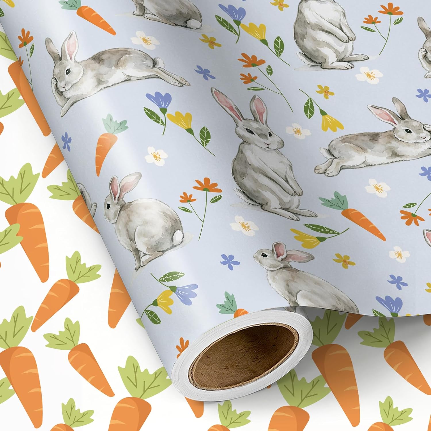 RUSPEPA Reversible Easter Wrapping Paper Roll, Mini Roll, Cute Bunny, Flowers and Watercolor Carrot Design, Spring Gift Wrap Paper for Kids Easter Gifts, Baby Shower, Birthday, 17 Inches x 16.4 Feet image 2