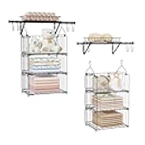 bukfen 3 Tier Hanging/Wall Closet Organizer with 4 Hooks,Stackable Closet Organizers and Storage Shelves,Foldable Wire Clothes Shelf,Hanging Laundry Basket Organizer，1 Pack