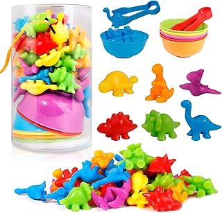 DesignBox Rainbow Counting Dinosaur Set - 48 Pcs, Colorful Dinosaur Counters with Matching Sorting Cups Dices and Tweezers Math Skills Games Educational Montessori Color Sorting Toy