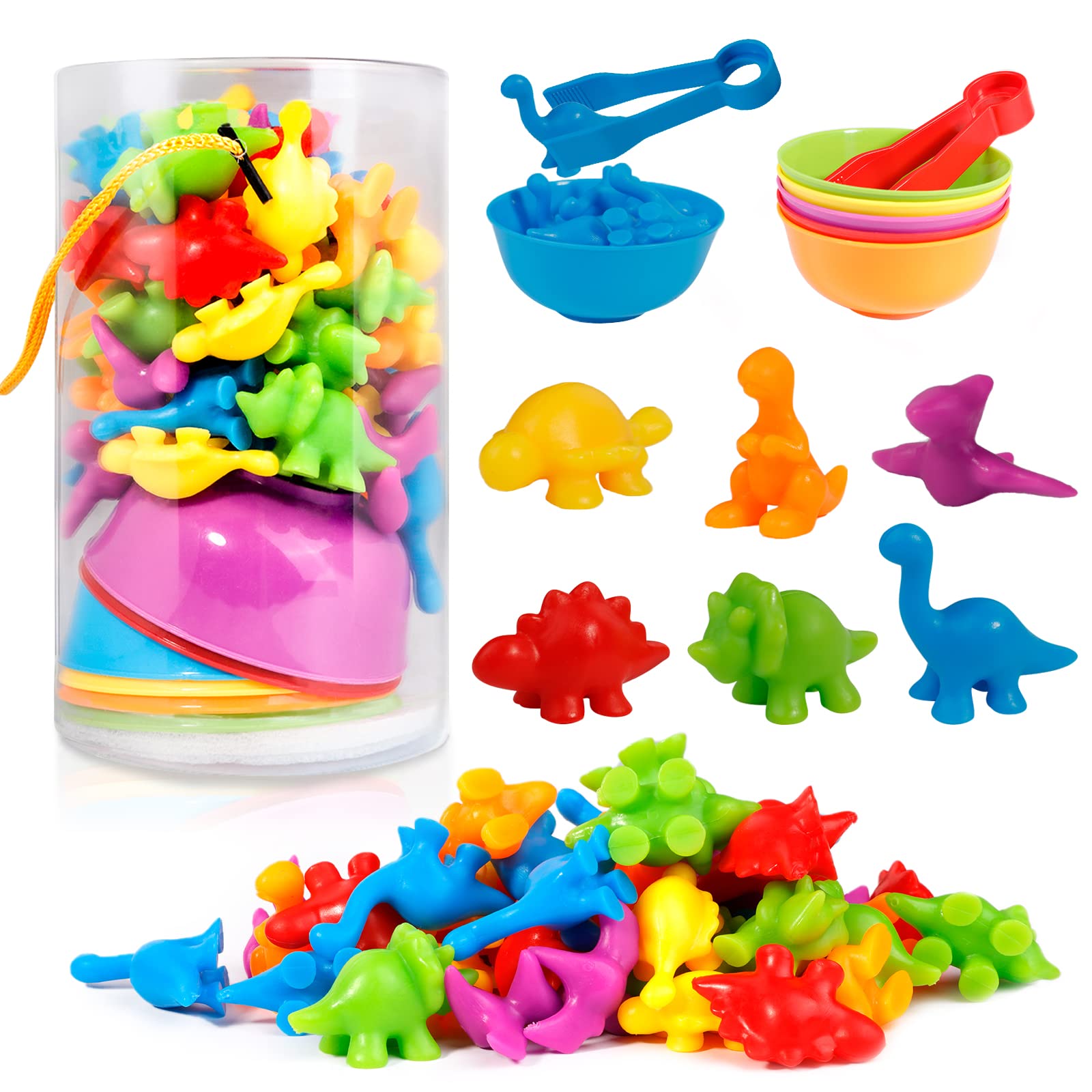 DesignBox Rainbow Counting Dinosaur Set - 48 Pcs, Colorful Dinosaur Counters with Matching Sorting Cups Dices and Tweezers Math Skills Games Educational Montessori Color Sorting Toy
