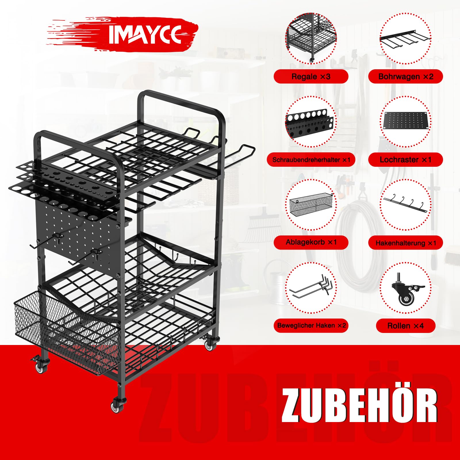 IMAYCC Organizer elektronarzędzia z kółkami, 4-warstwowy wózek do przechowywania narzędzi z stali węglowej, nośność 100 kg, uchwyty na wiertarki, stacja ładująca