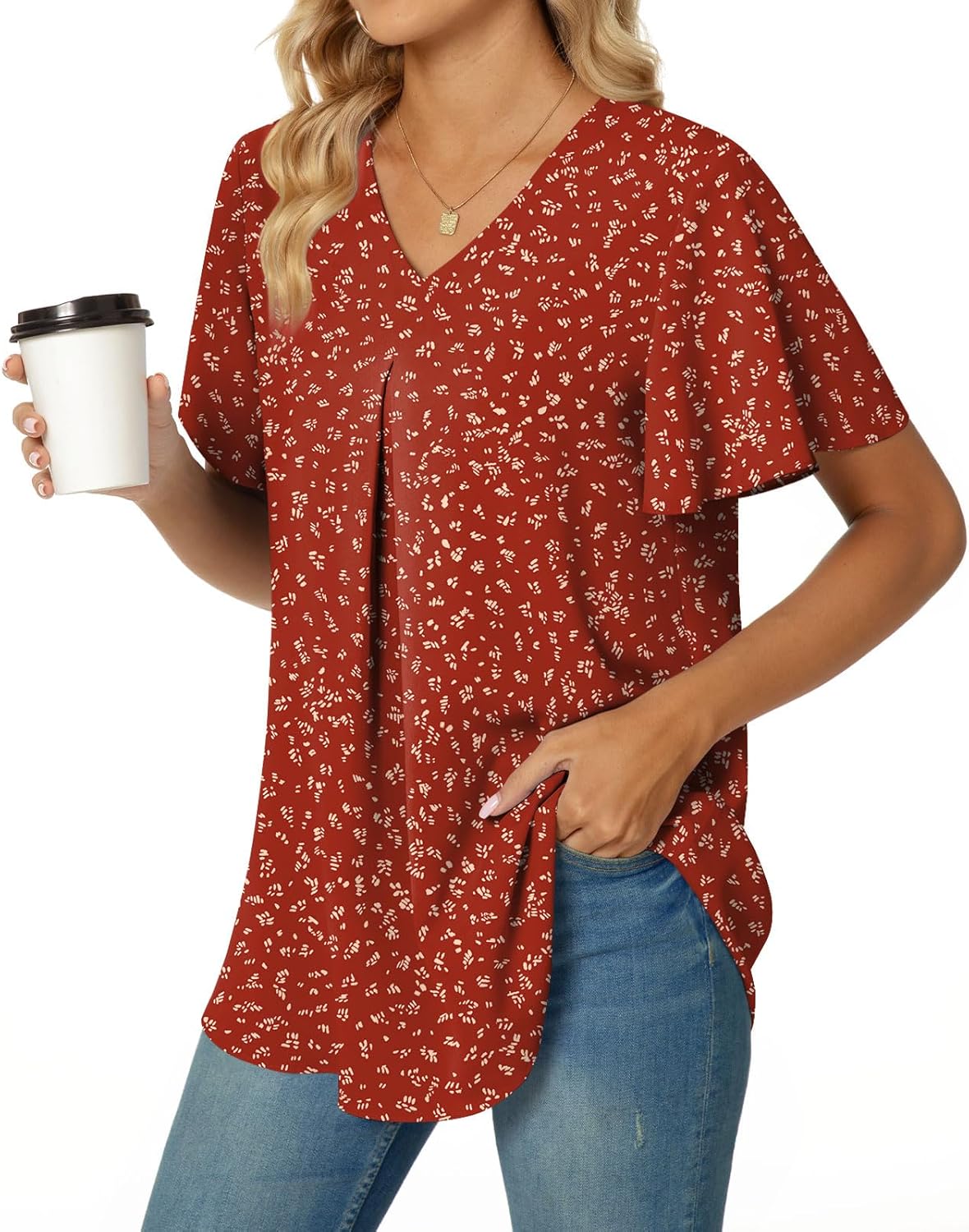 Anyally Women's Summer Dressy Chiffon Blouses V Neck Ruffle Short Sleeve Tunic Tops for Leggings Casual T-Shirts - Image 3