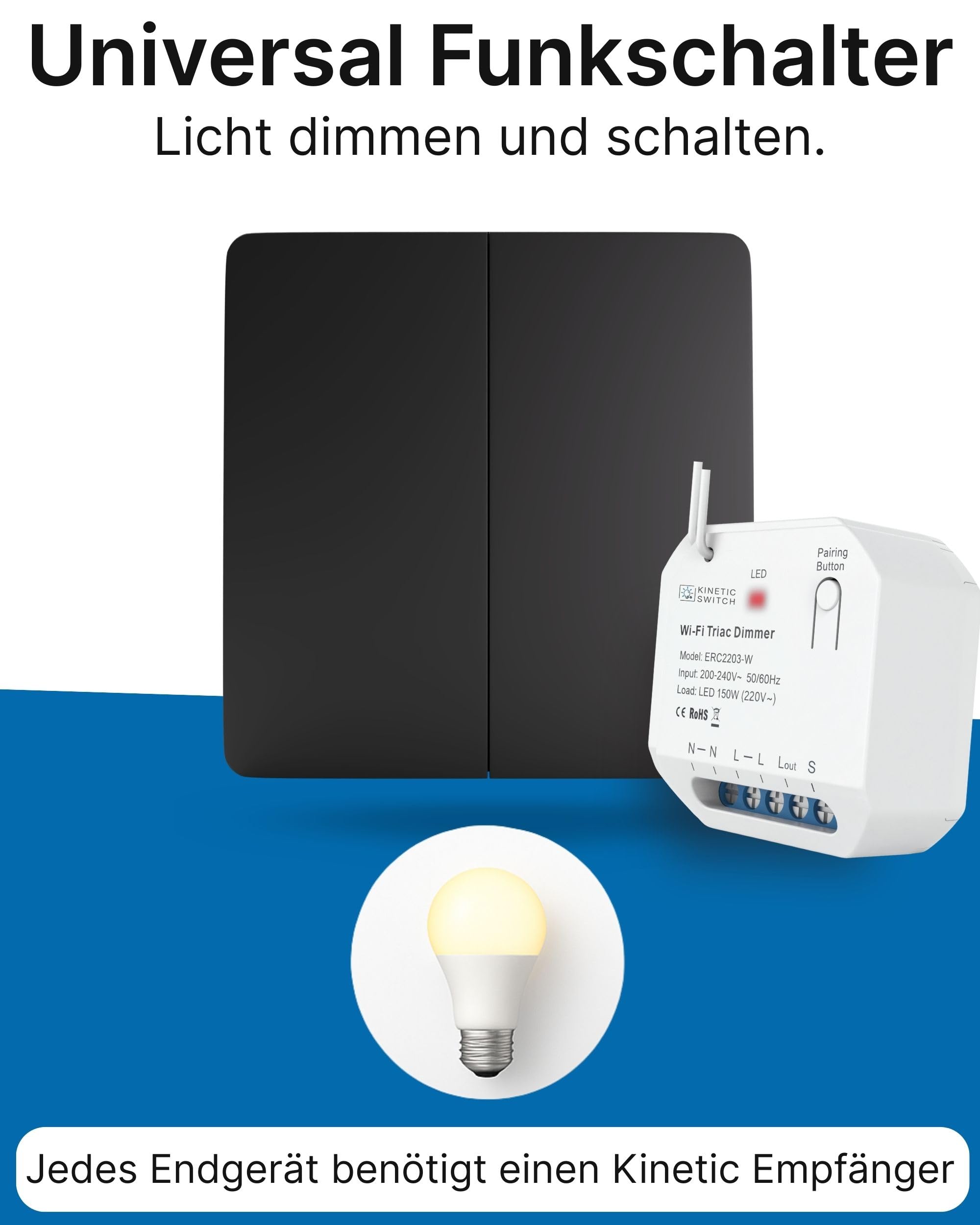 Hochwertiger Funkschalter 230V Dimmer Batterielos | Funk Lichtschalter Set IP67 Dimmbar | WLAN Dimmer Empfänger | 80m Reichweite | Alexa & Google Home