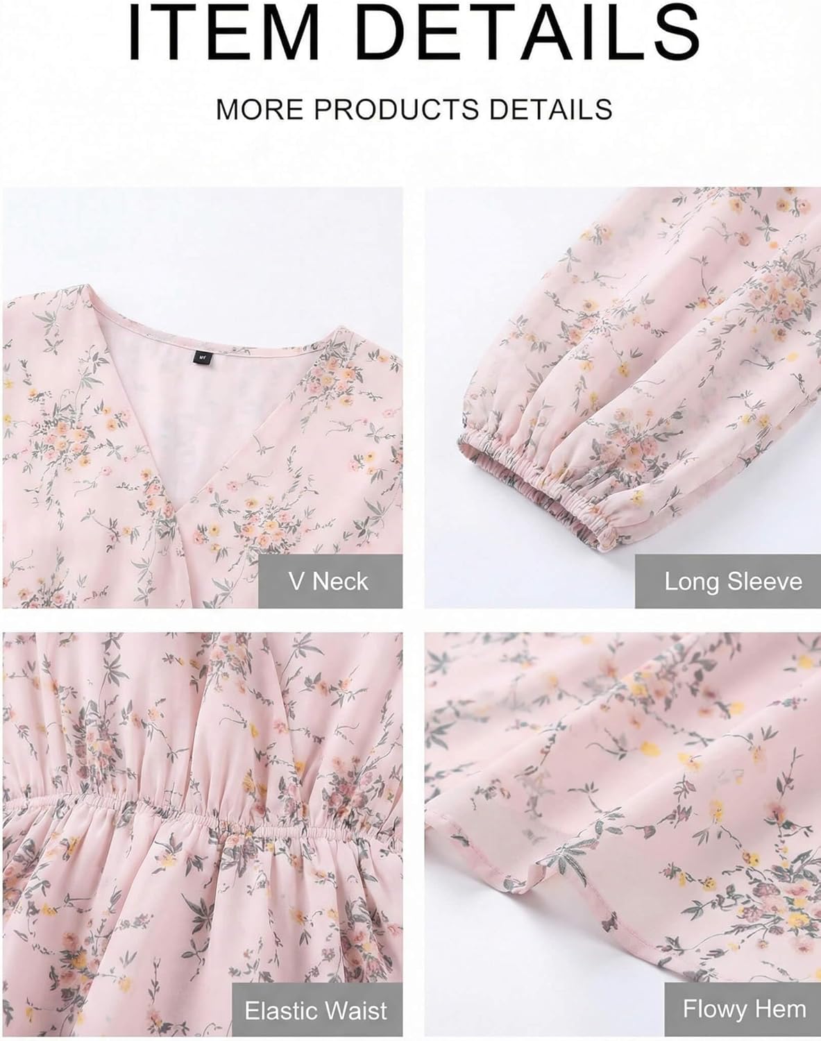 DERAX Women's Boho Floral Mini Dresses Fall V Neck Chiffon Long Peasant Sleeves 2026 Spring Short Dress - Image 4