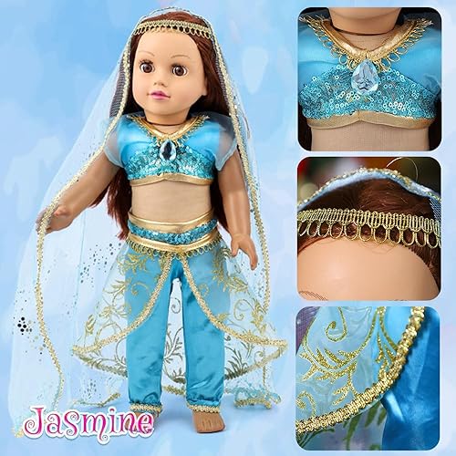 Miniatura 3 de Vestido de princesa para niña de 18 pulgadas, juego de 5 piezas de vestido de princesa diferente, incluye jazmín, blanco nieve, Belle, Rapunzel y
