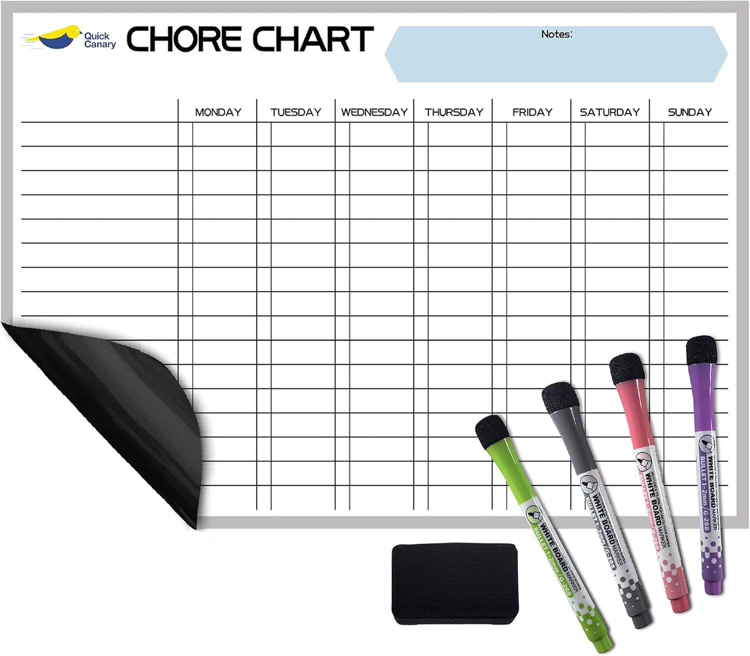Quick Canary Family Bundle - Magnetic Dry Erase Monthly Calendar for Refrigerator - 17x12” - Magnetic Chore Chart for Kids and Adults with 4 Fine Tip Whiteboard Markers and Eraser