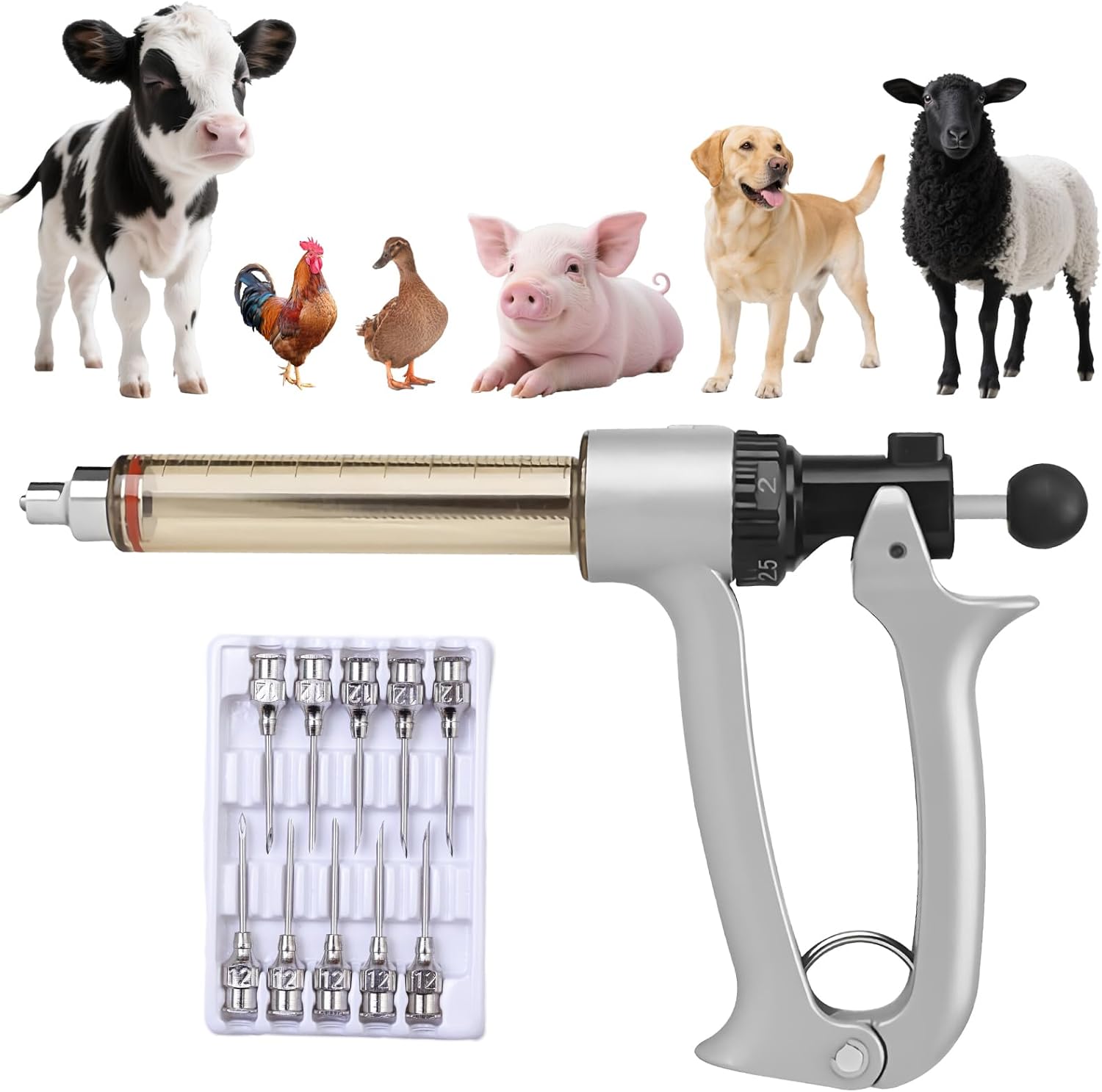 50ML Livestock Syringe Gun, Cattle Vaccine Syringes 5 Gears Adjustable Continuous Repeating Luer Lock Syringe, for Chickens, Ducks, Goose, Pig Bull Sheep, Large And Small Animals