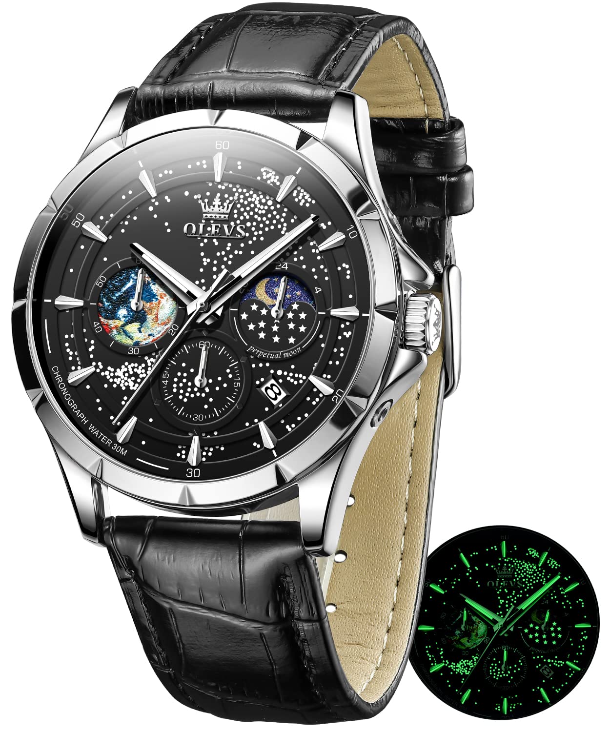 OLEVS Mens Watches Starry Sky Moon Phase Dial Luxury Business Dress Analog Quartz Classic Casual Date Wrist Watches Waterproof Luminous