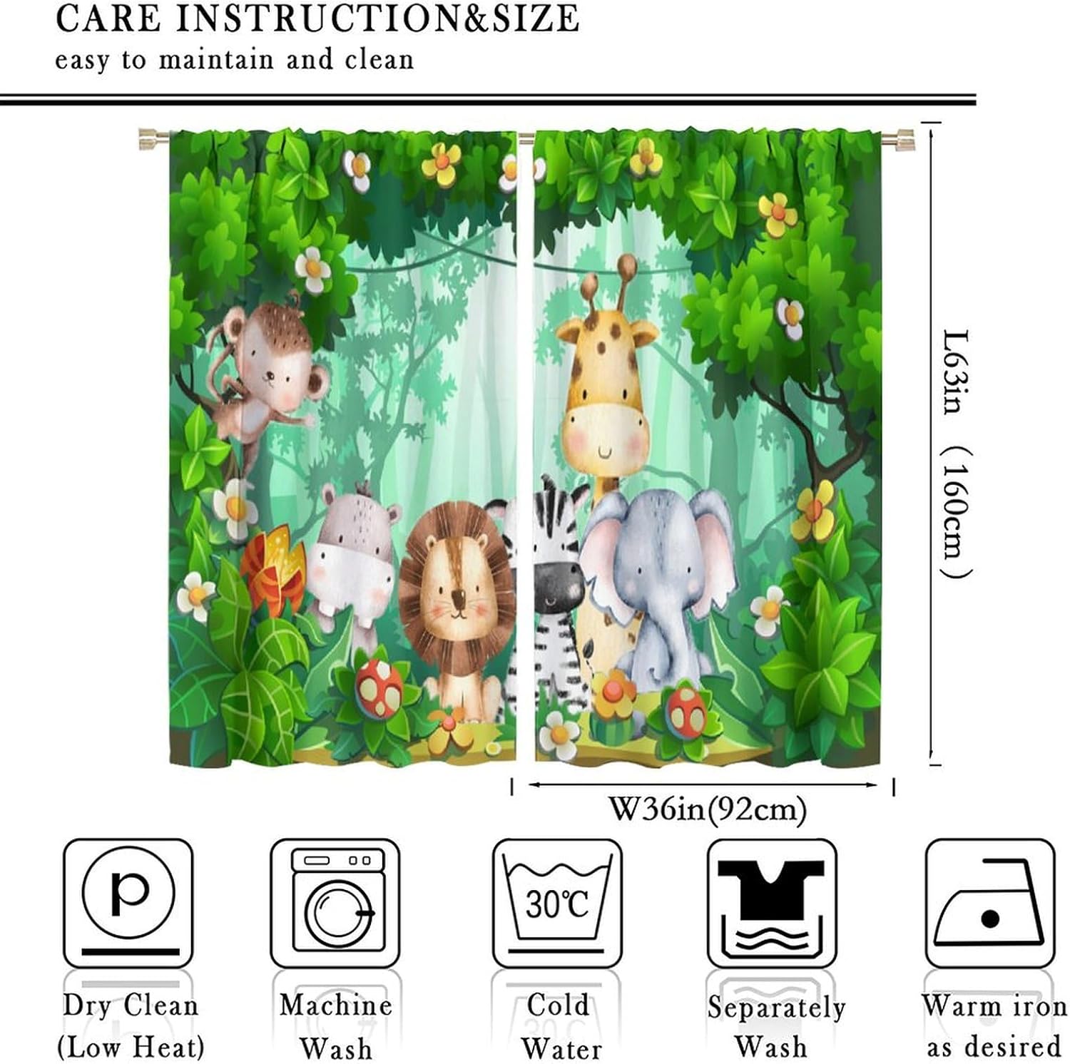 Safari Blackout Window Curtains for Kids Boys Girls Watercolor Cartoon Forest Animals for Kids Boy Girl Baby Bedroom Nursery Living Room Decor Drapes 2 Panels 72x63in