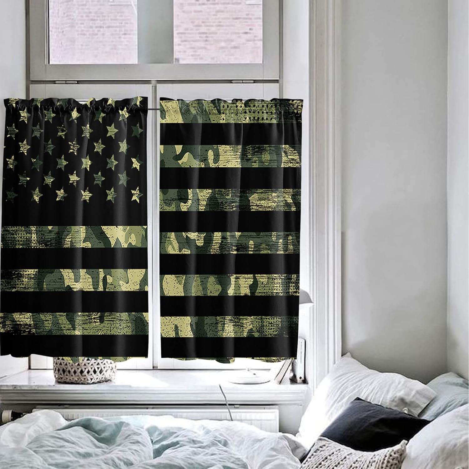 Kitchen Curtain 54 Inch Length, Green Camouflage American Flag, Window Curtains and Drapes for Cafe/Living Room, 2 Panels Window Treatment Rod Pocket Drapery Curtains 104x54