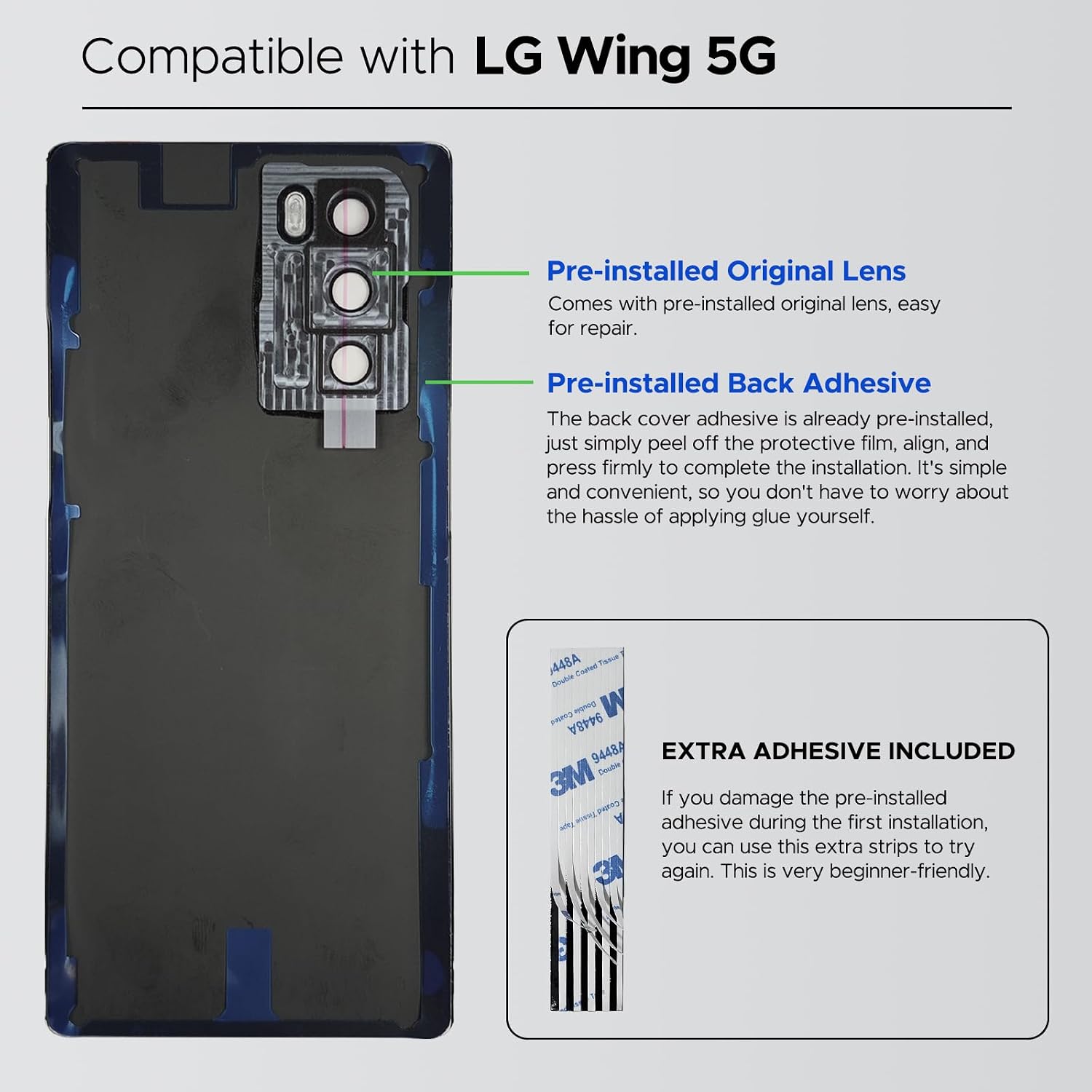 Compatible with LG Wing 5G Back Cover Replacement, Wing 5G LMF100N LM-F100 Back Housing Door with Pre-installed Camera Lens for All Carriers, Includes Repair Tools & Instruction, Aurora Gray