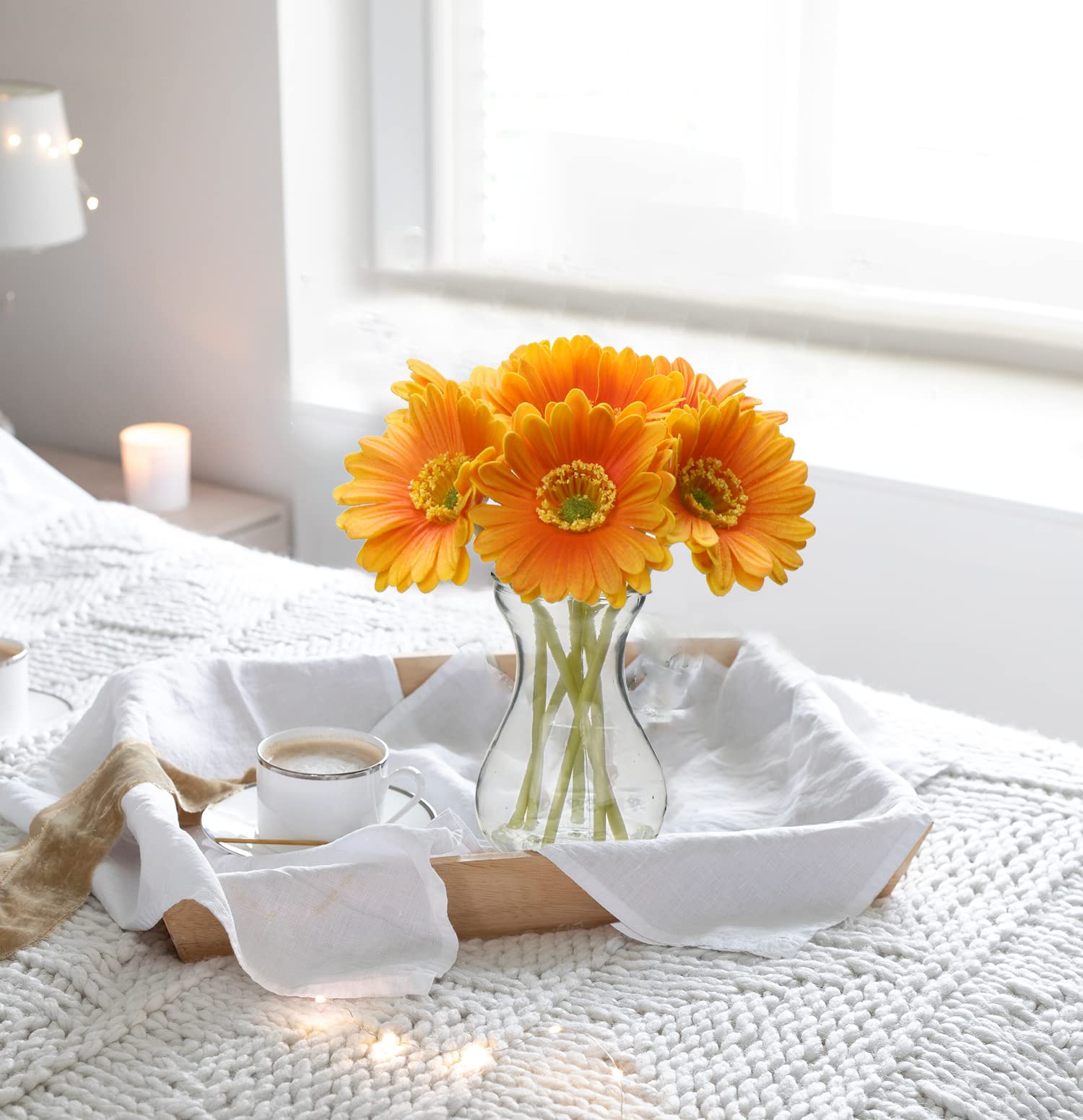 6 pcs Artificial African Daisies with Glass Vase, Small Fake Flowers in Vase with Faux Water - Image 3