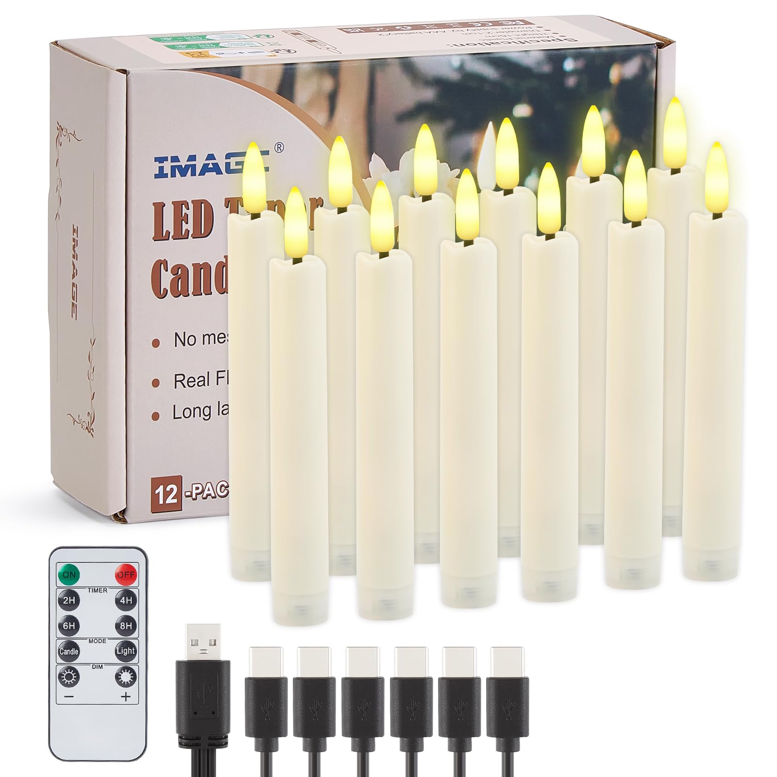 IMAGE Lot de 12 bougies coniques sans flamme avec télécommande, mèche 3D rechargeable, couleur ivoire avec minuterie, ligne de pêche de 100 m, décoration d'intérieur, mariage, anniversaire, Noël