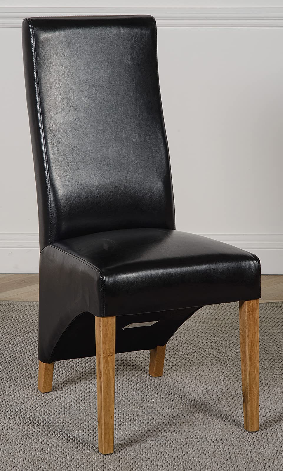 Oak Furniture King Lola Dining Chair – Black Leather Upholstered Kitchen Chair with Cushion Back & Solid Oak Legs, Modern Dining Room Seating, Fully Assembled