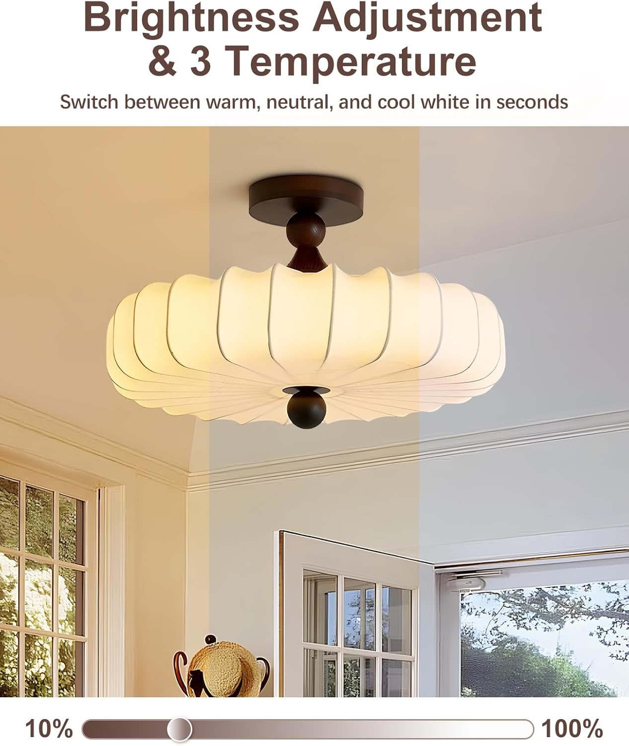 Fabric Lampshade Semi Flush Mount Ceiling Light with Wooden Accents,Brightness Dimmable & 3 Temperature,⌀ 11.8"