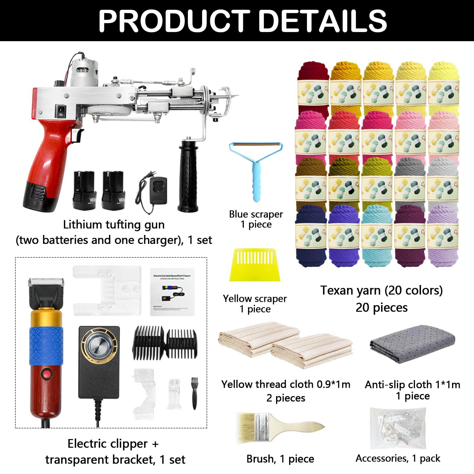 Aisny Pistola Mechones, Juego Mechones Máquina para Alfombras Cortador Alfombras 2 * 2600 mAh Batería para Pelo Cortado Y Pila Bucles 20 Rollos Hilo con Paños Mechones con Pistola Mechones