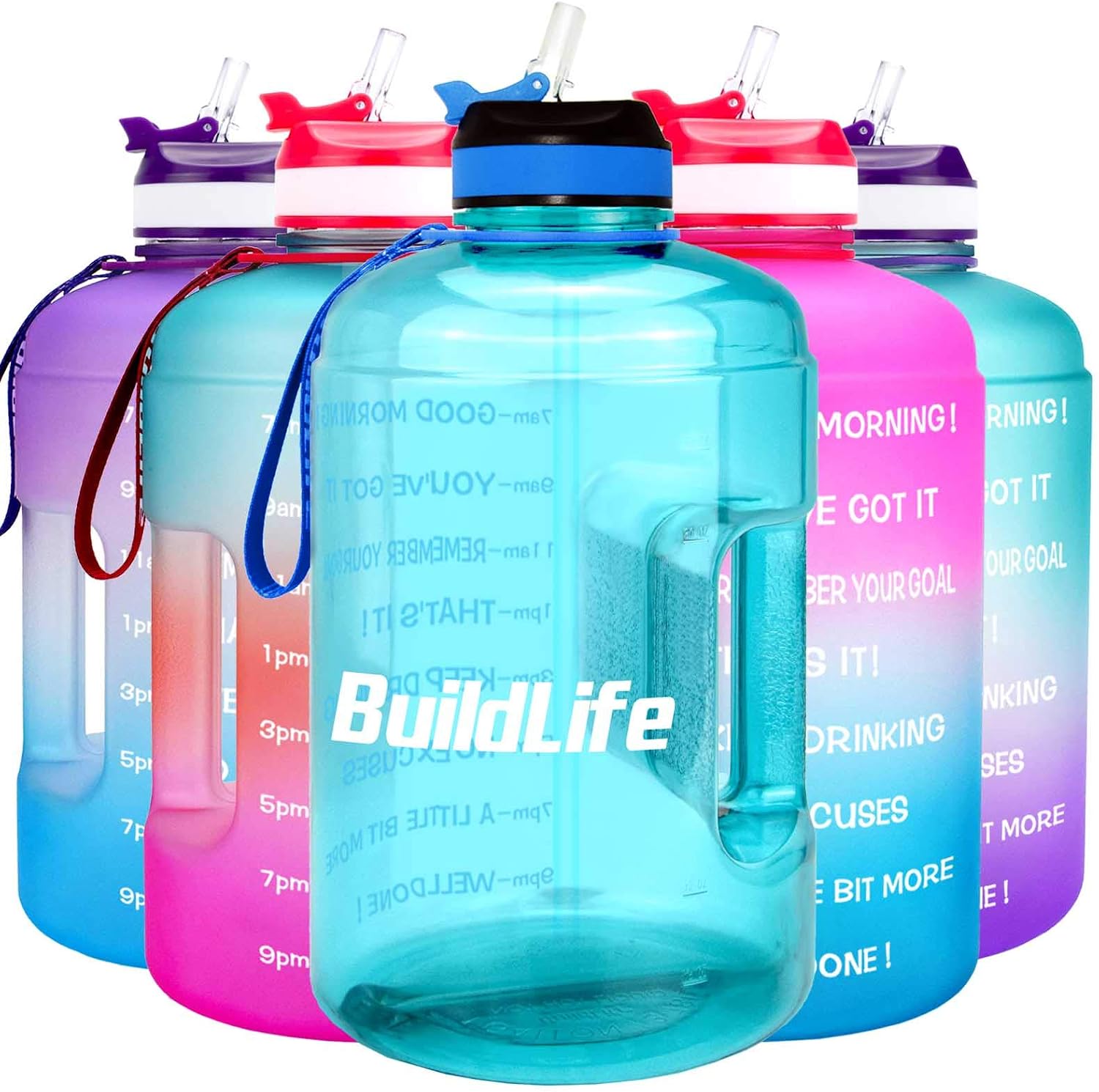 BuildLife Half Gallon Water Bottle with Time Marked to Drink More Daily and Nozzle - BPA Free Reusable Gym Sports Outdoor Large Capacity(Sky Blue, 73OZ)