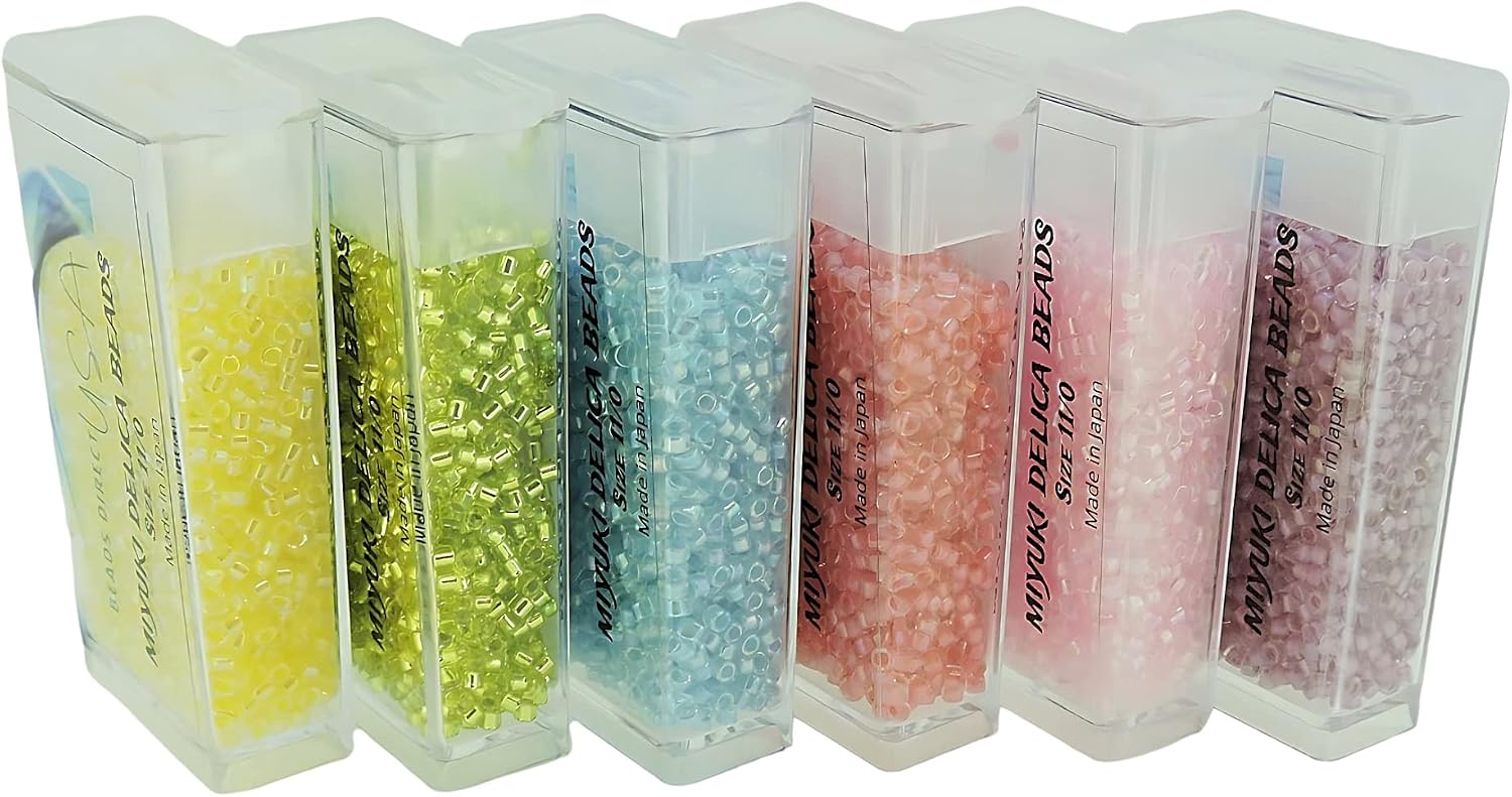 Set of 6 Colors - 60 Grams - Miyuki Delica Glass Beads Size 11/0 - Spring Collection, DB055, DB072, DB057, DB147, DB053, DB070 in Flip-Top Containers and Storage Box