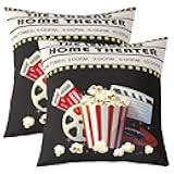 Feelyou Set of 2 Vintage Cinema Outdoor Throw Pillow Covers, Movie Theater Theme Cushion Case for Home Living Room Decor, Reversible Popcorn Filmstrip Decorative Throw Cushion Case, 18x18 Inches